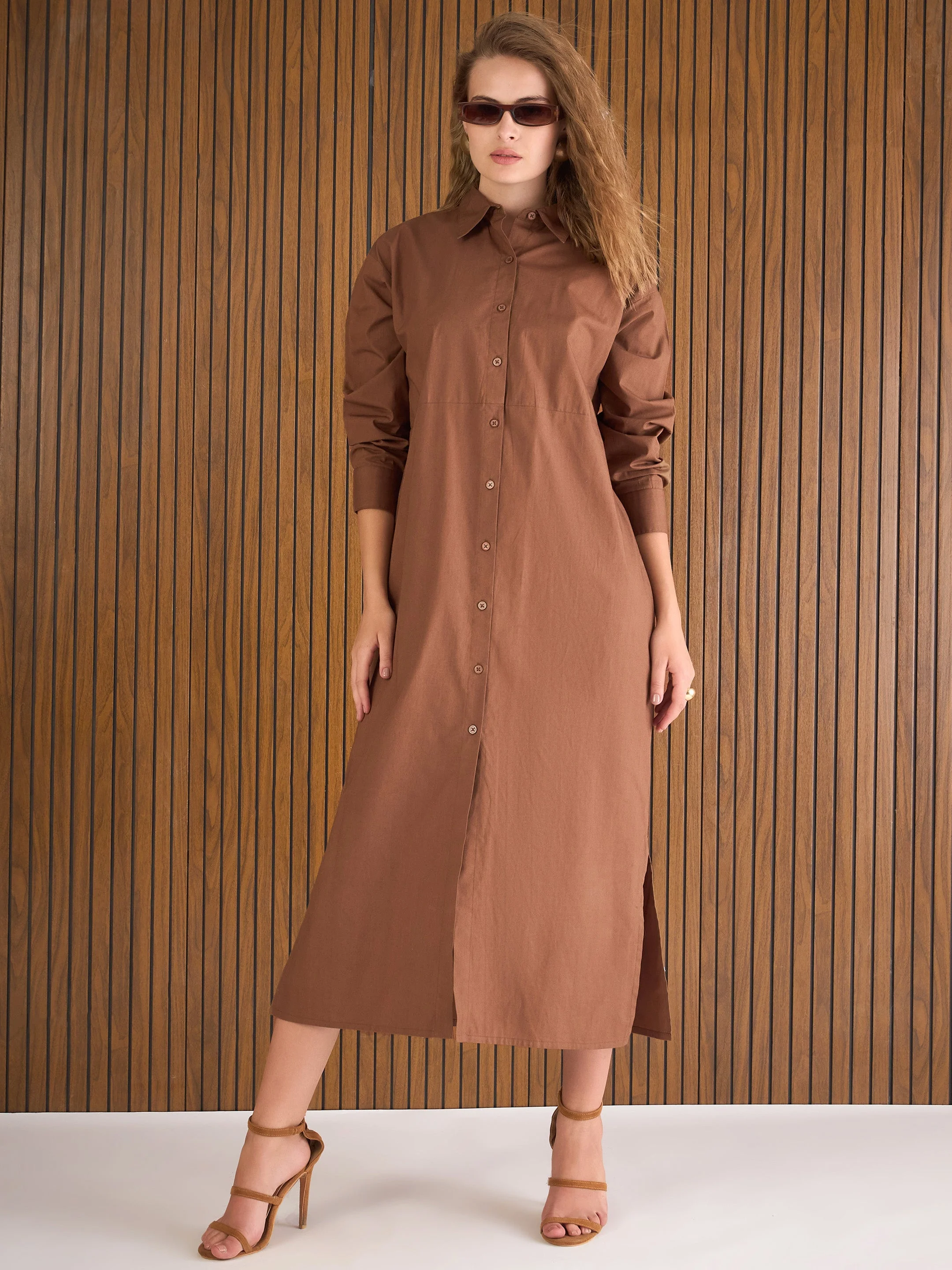 Women Brown Poplin Longline Shirt Dress - Image 4