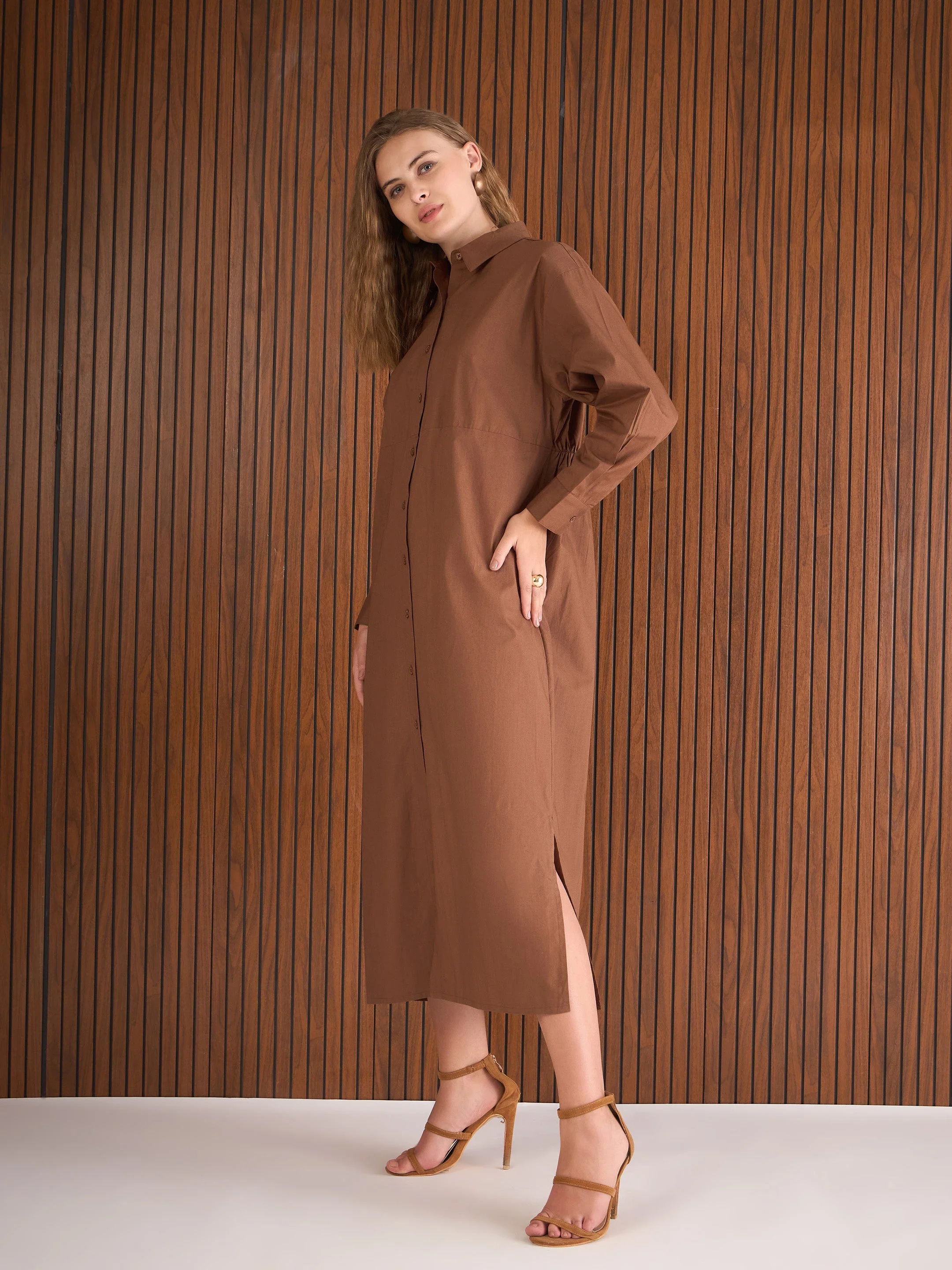 Women Brown Poplin Longline Shirt Dress - Image 5