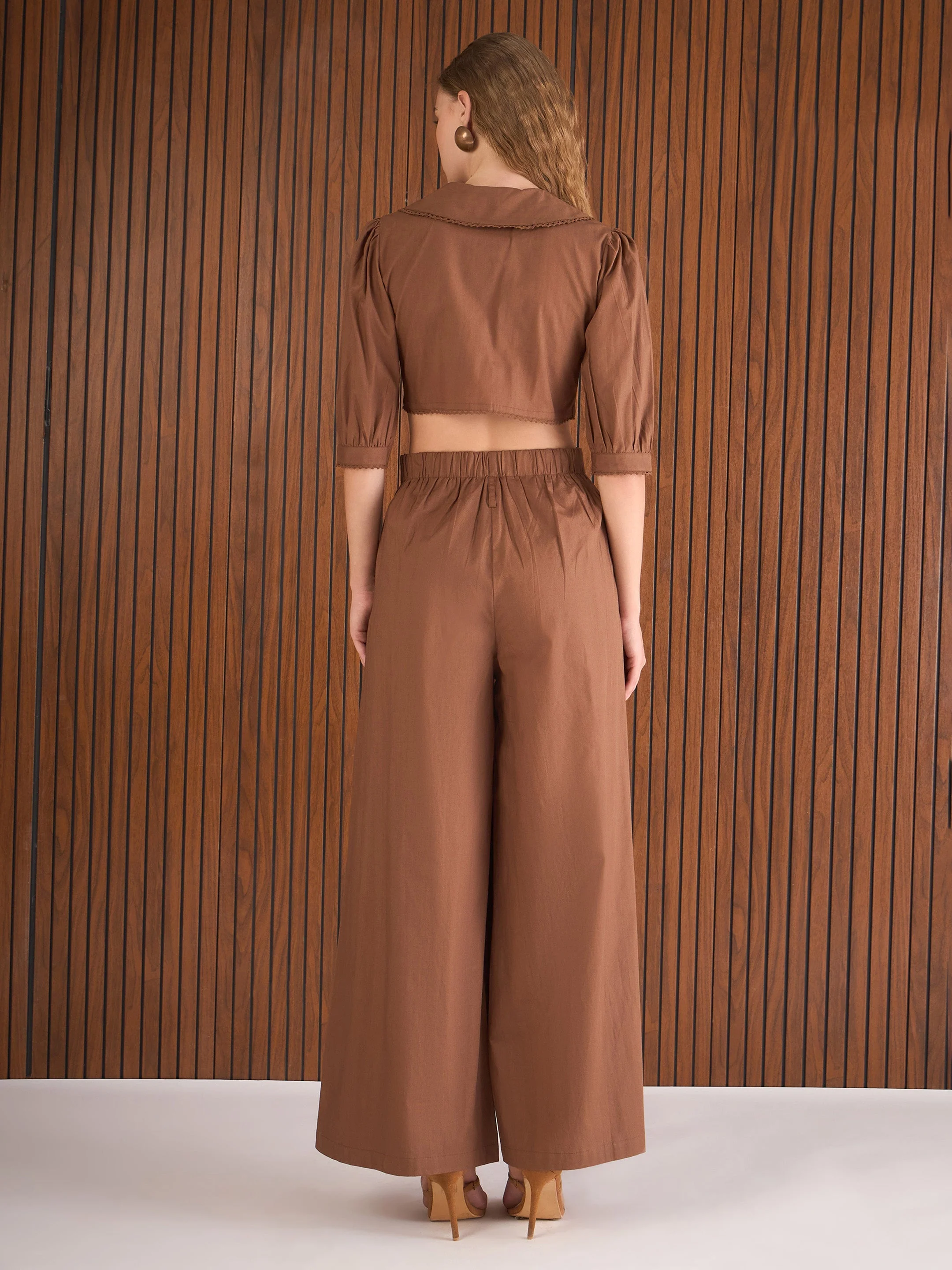 Women Brown Poplin Peterpan Collar Top With Flared Pants - Image 2