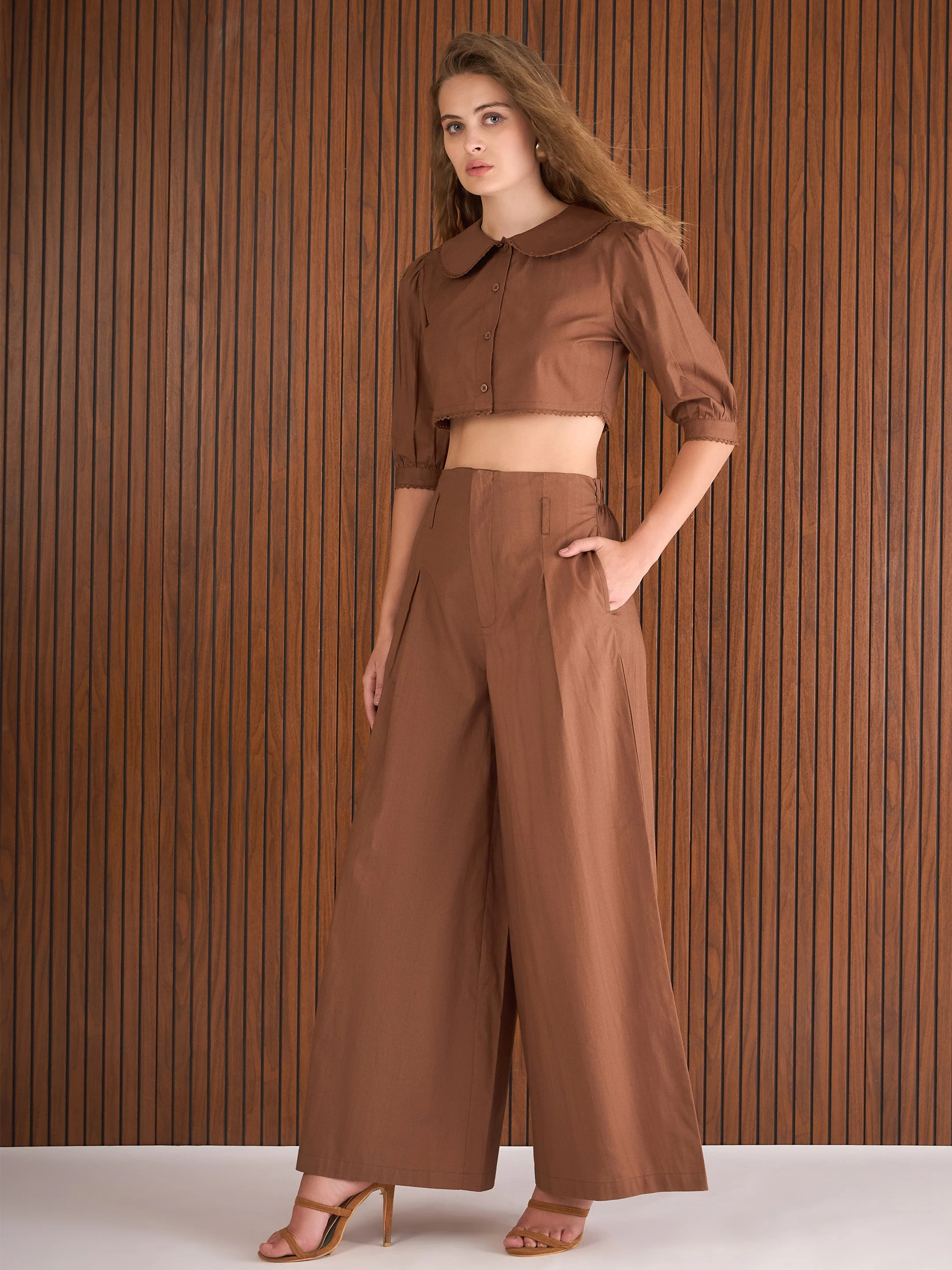 Women Brown Poplin Peterpan Collar Top With Flared Pants - Image 5