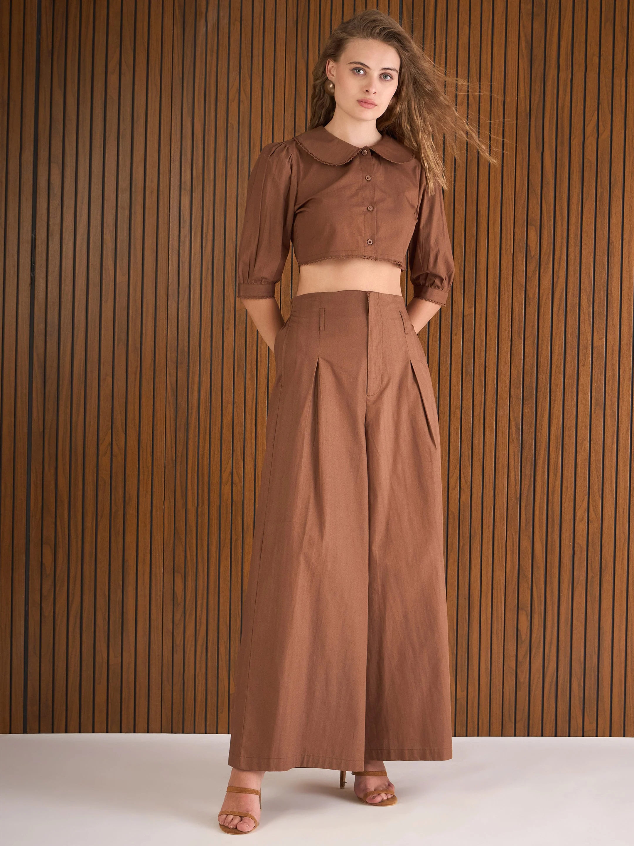 Women Brown Poplin Peterpan Collar Top With Flared Pants - Image 6