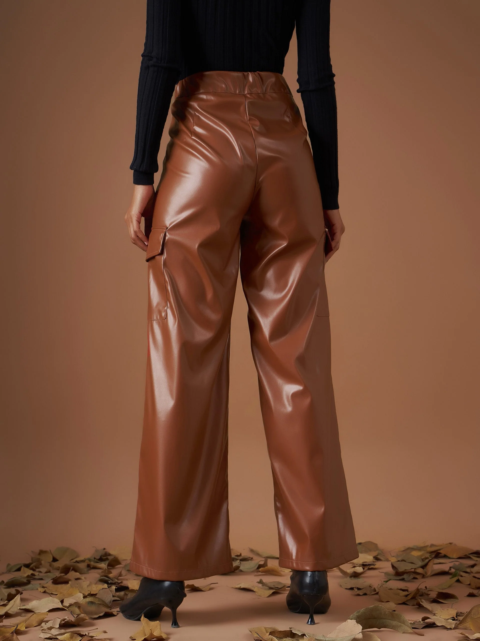 Women Brown Flap Pocket Straight Pants - Image 2