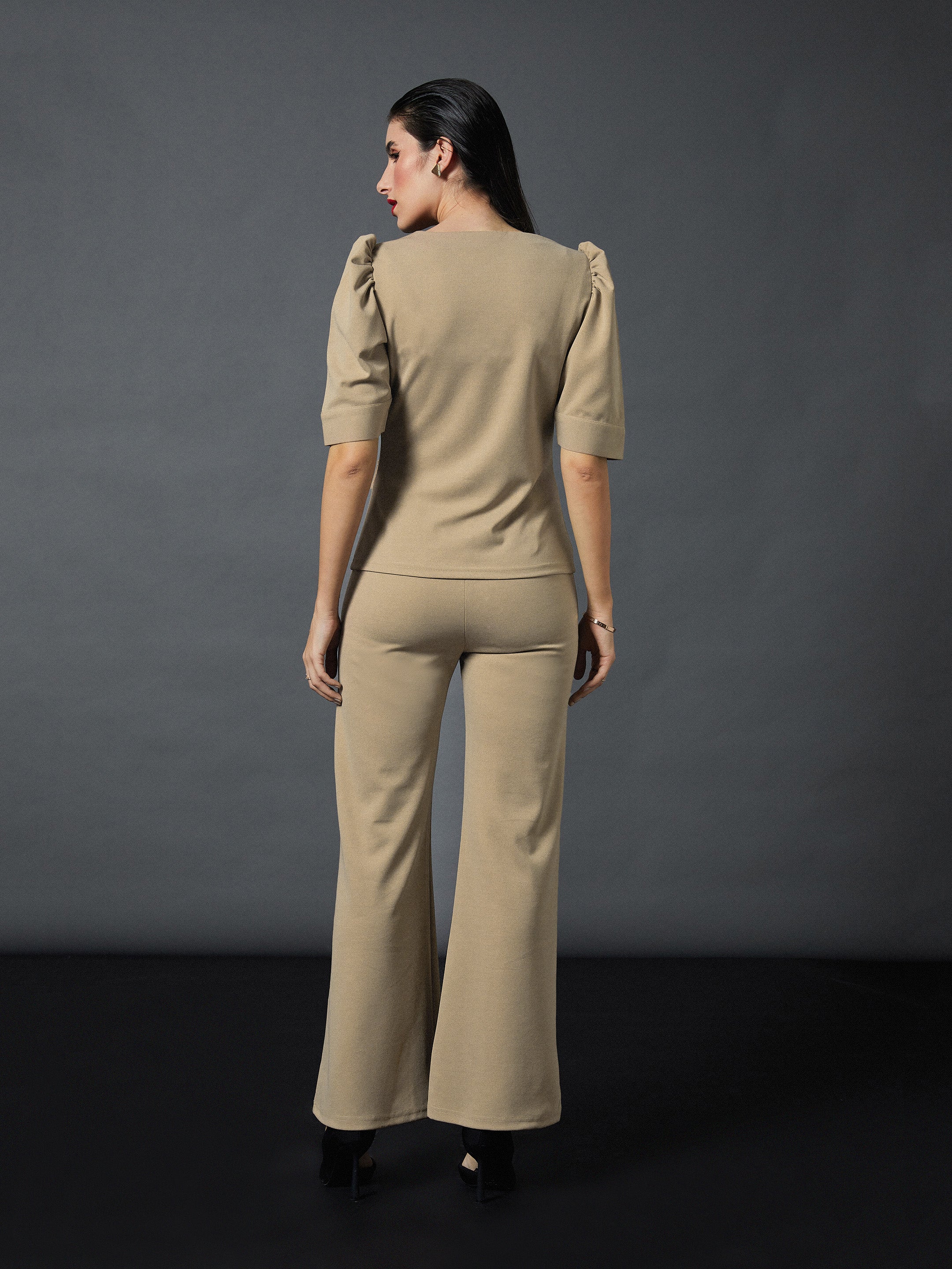 Women Brown Puff Sleeves Top With Bell Bottom Pants - Image 2