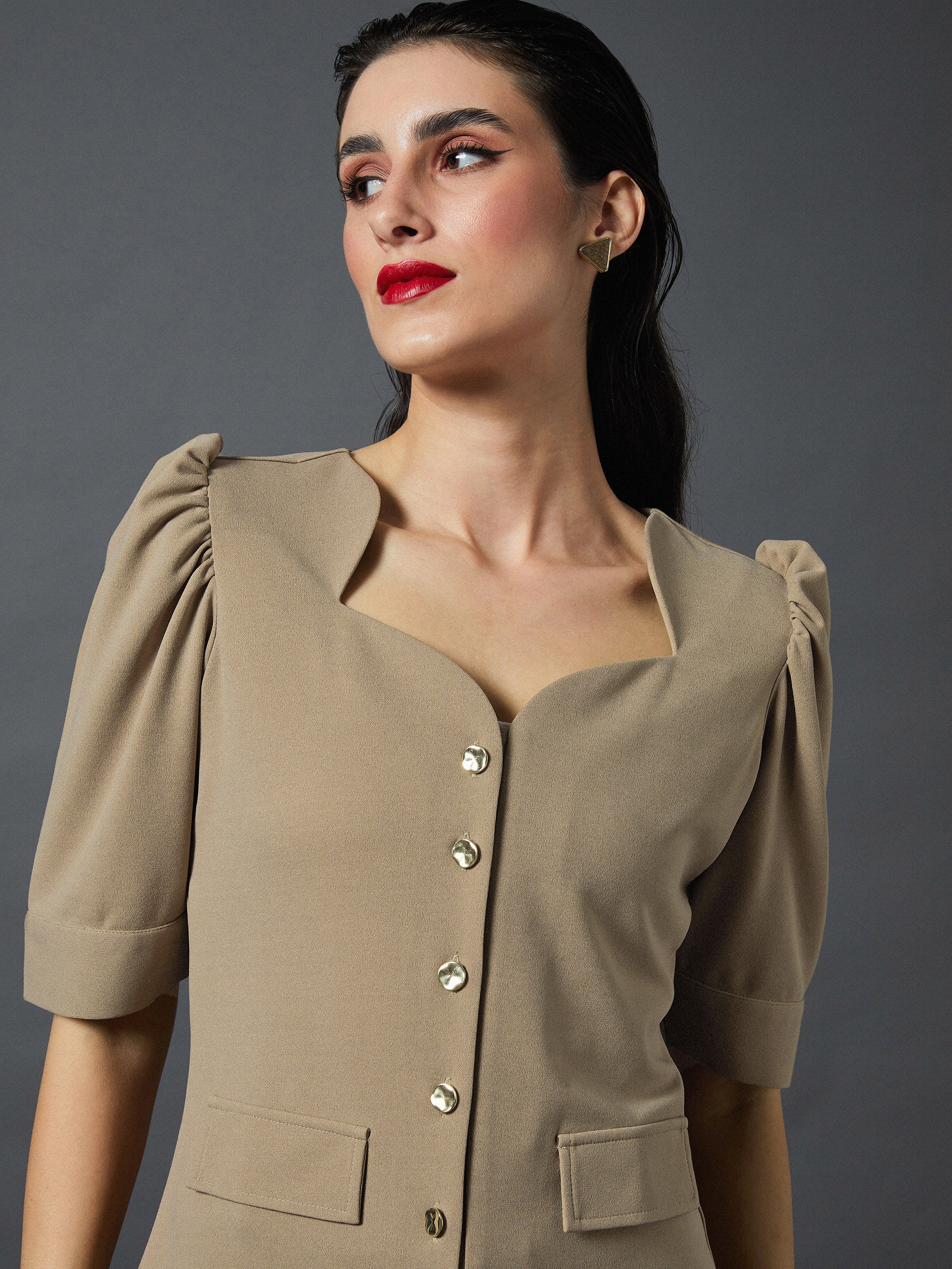 Women Brown Puff Sleeves Top With Bell Bottom Pants - Image 3