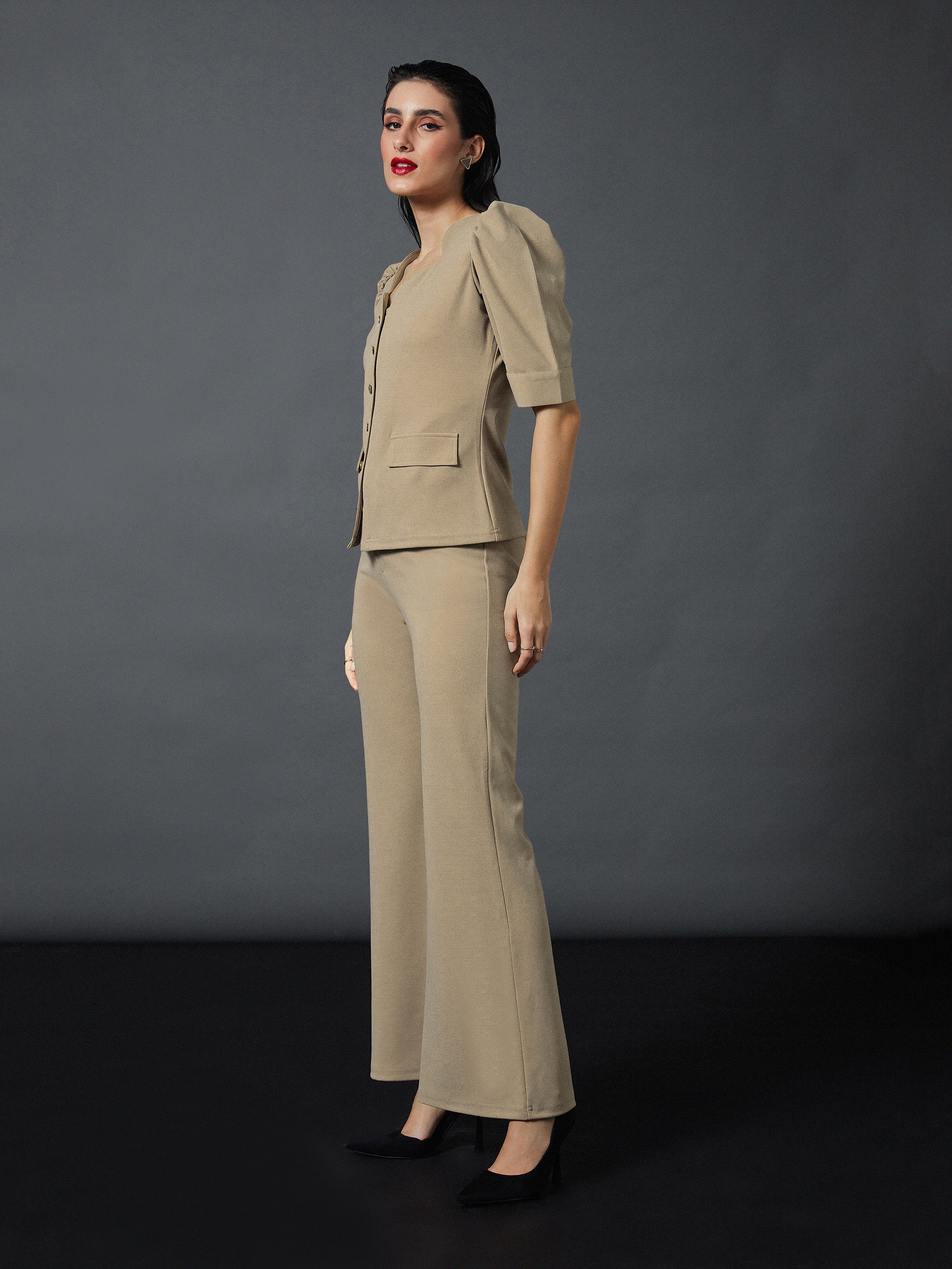 Women Brown Puff Sleeves Top With Bell Bottom Pants - Image 5