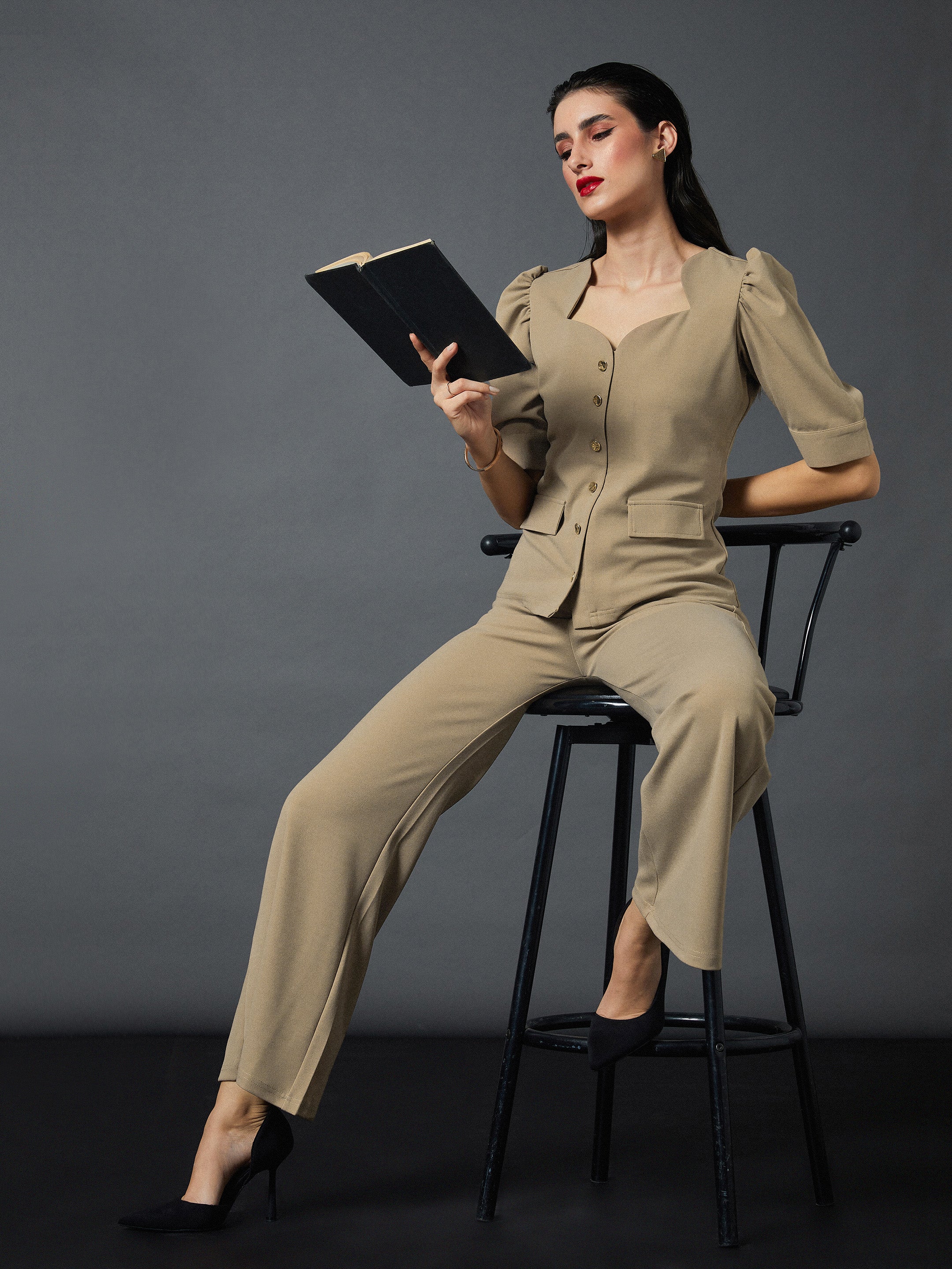 Women Brown Puff Sleeves Top With Bell Bottom Pants - Image 6