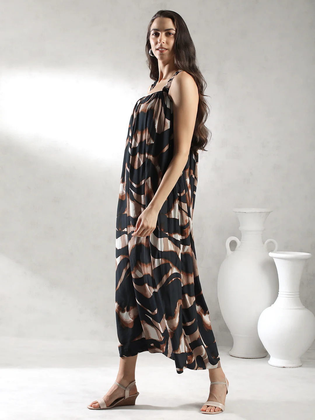 Women Brown Flared Maxi Fit Dress - Image 2