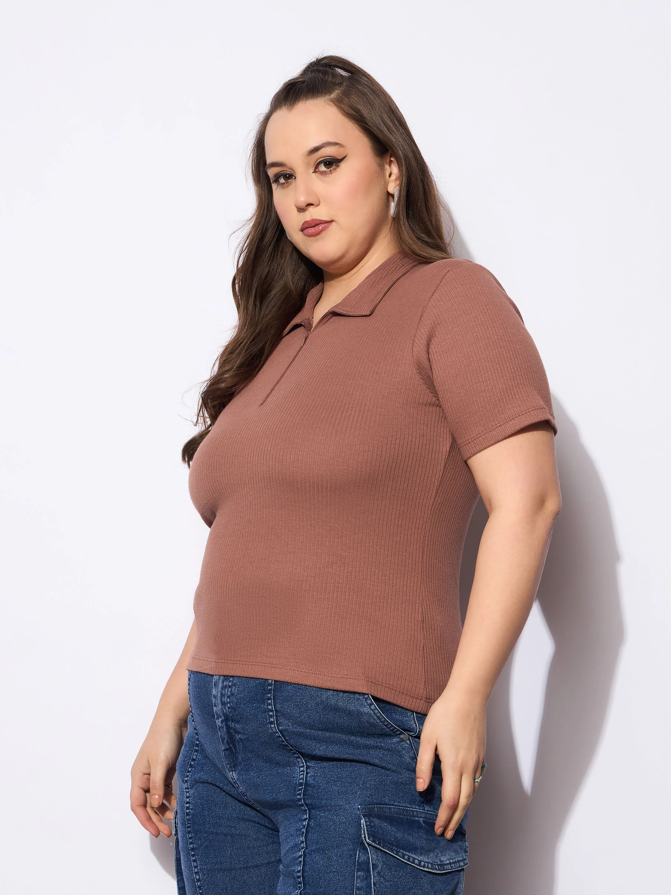 Women Brown Rib Front Zipper Polo Neck Top - Image 3