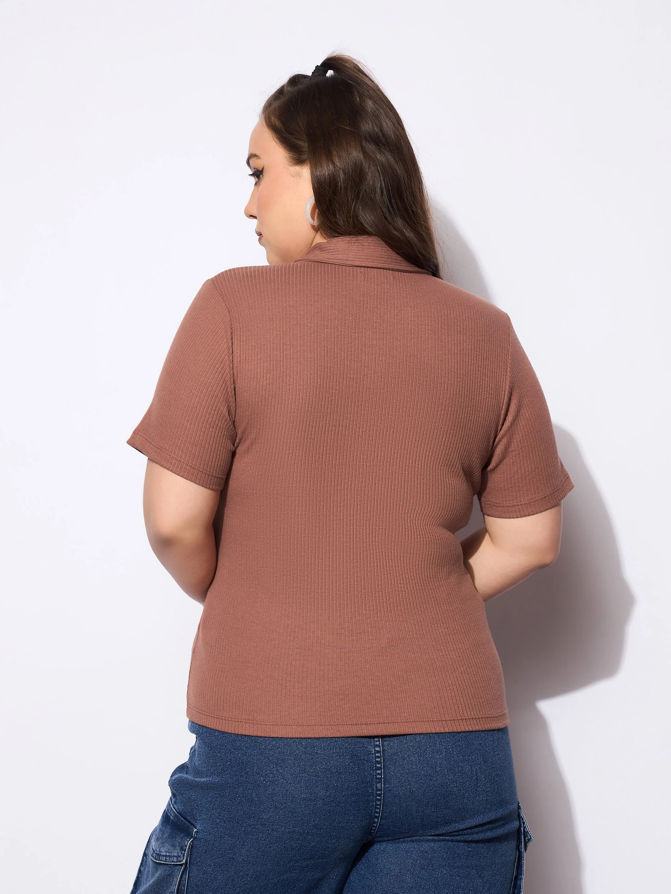 Women Brown Rib Front Zipper Polo Neck Top - Image 5
