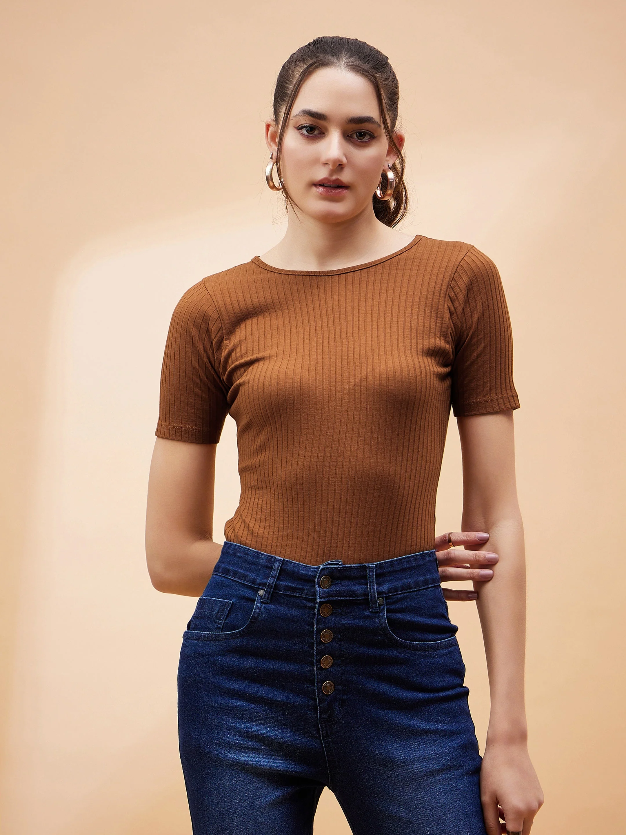Women Brown Rib Round Neck Bodysuit - Image 2