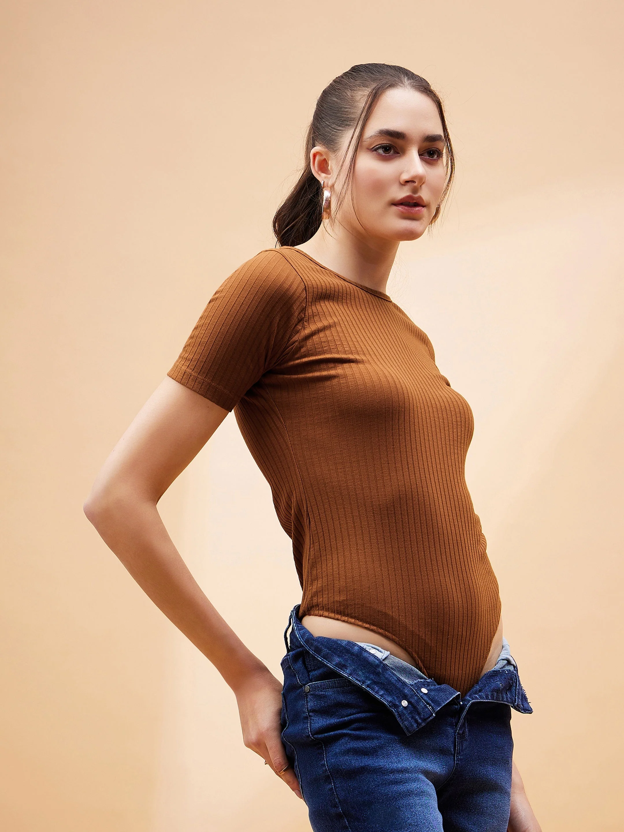 Women Brown Rib Round Neck Bodysuit - Image 3