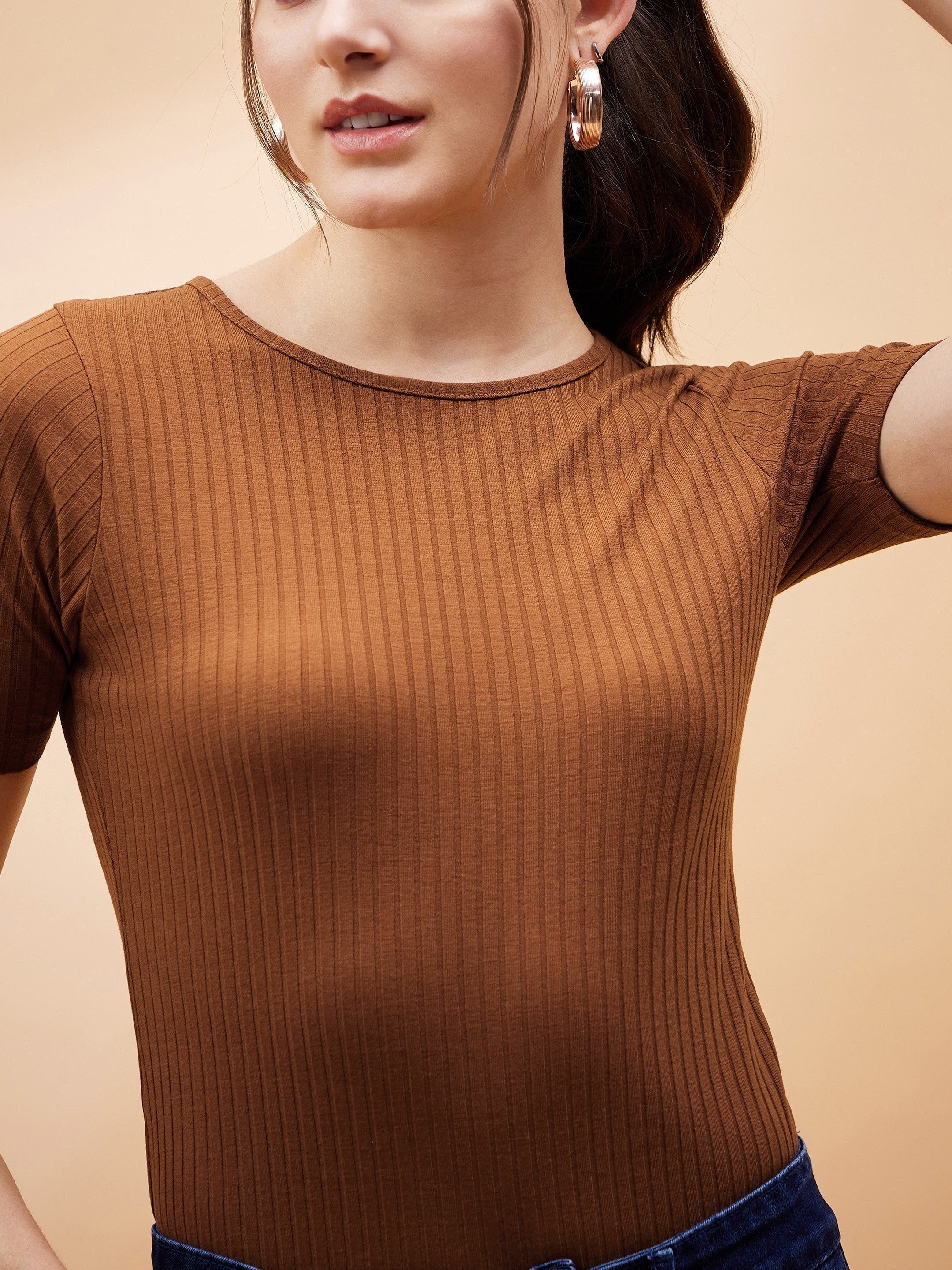 Women Brown Rib Round Neck Bodysuit - Image 4