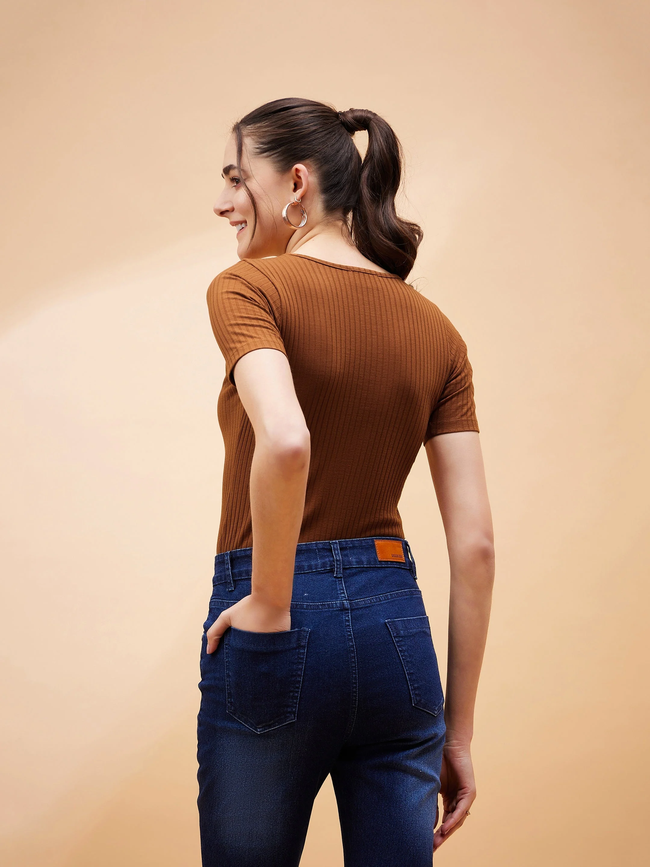 Women Brown Rib Round Neck Bodysuit - Image 5