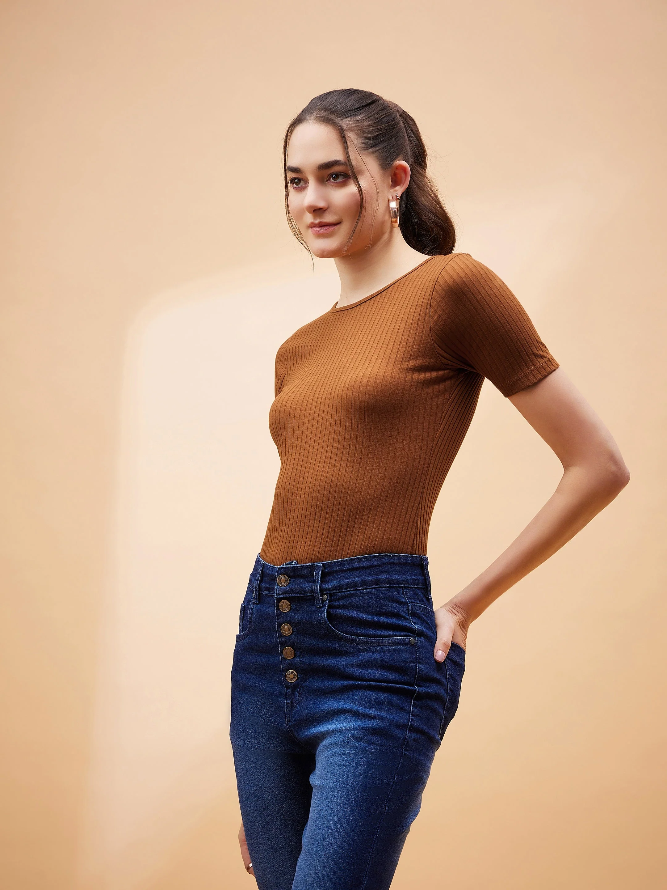 Women Brown Rib Round Neck Bodysuit - Image 6