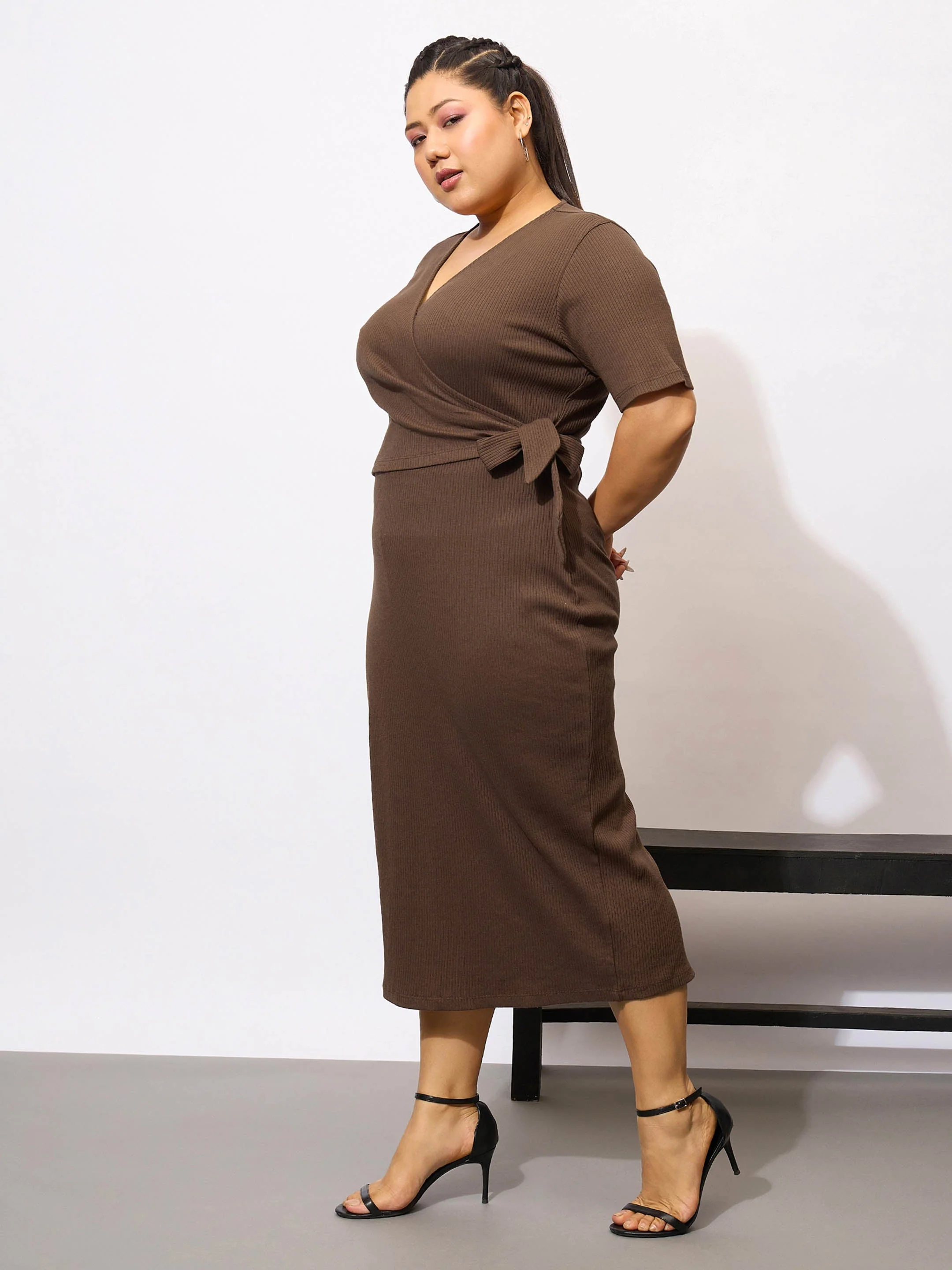 Women Brown Rib Side Knot Bodycon Midi Dress - Image 3