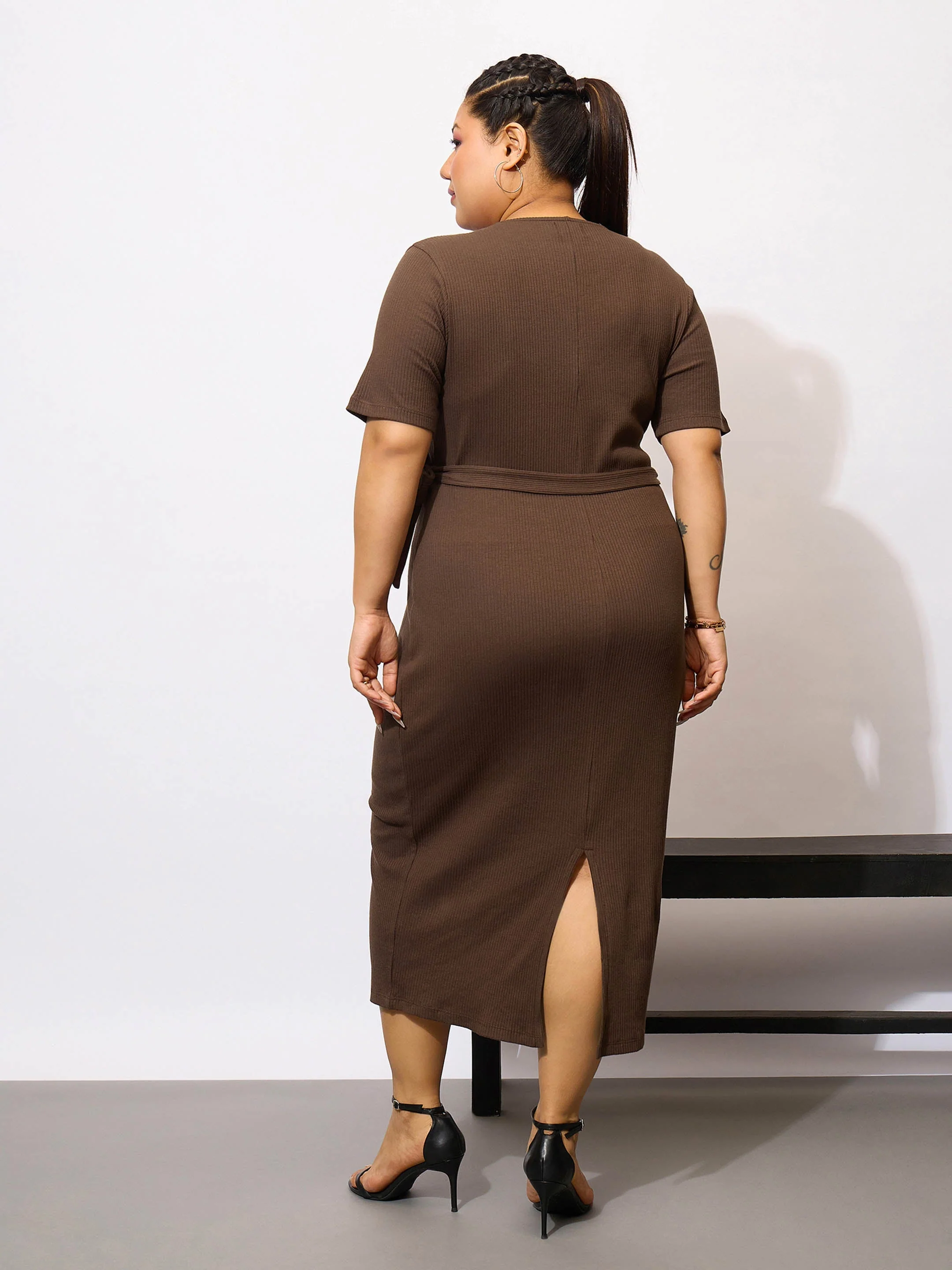 Women Brown Rib Side Knot Bodycon Midi Dress - Image 5