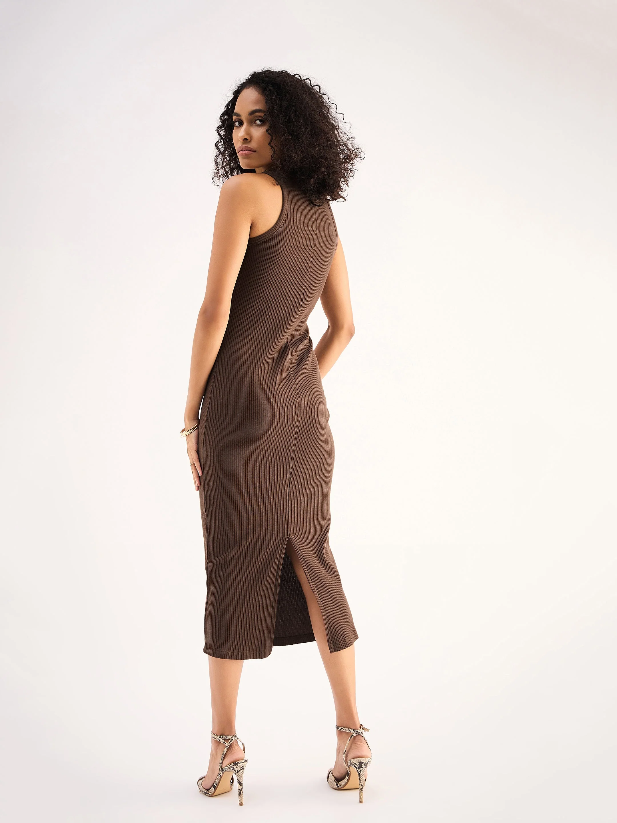 Women Brown Rib Sleveeless Bodycon Midi Dress - Image 2