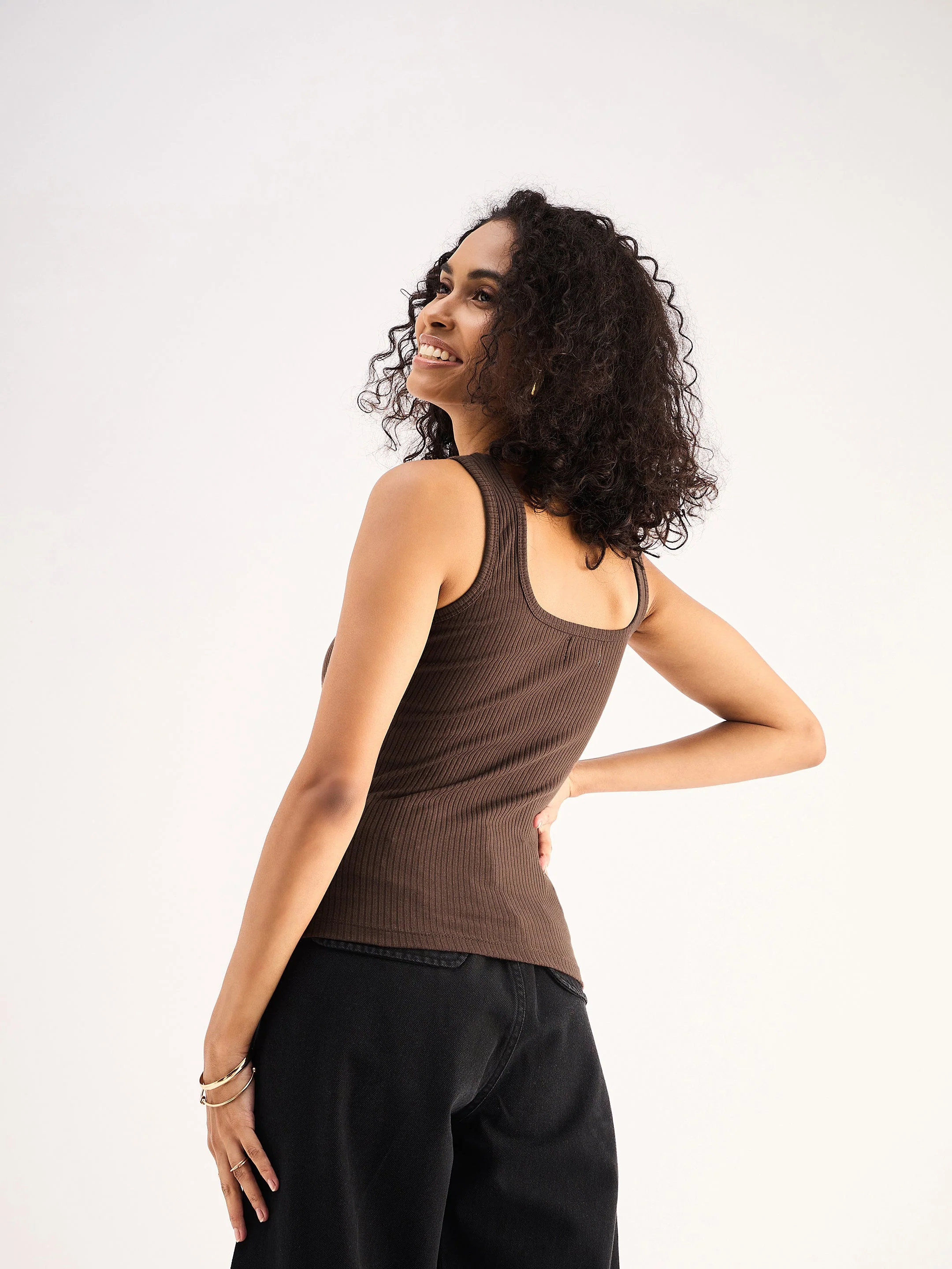 Women Brown Rib Sleveeless  Square Neck Top - Image 2