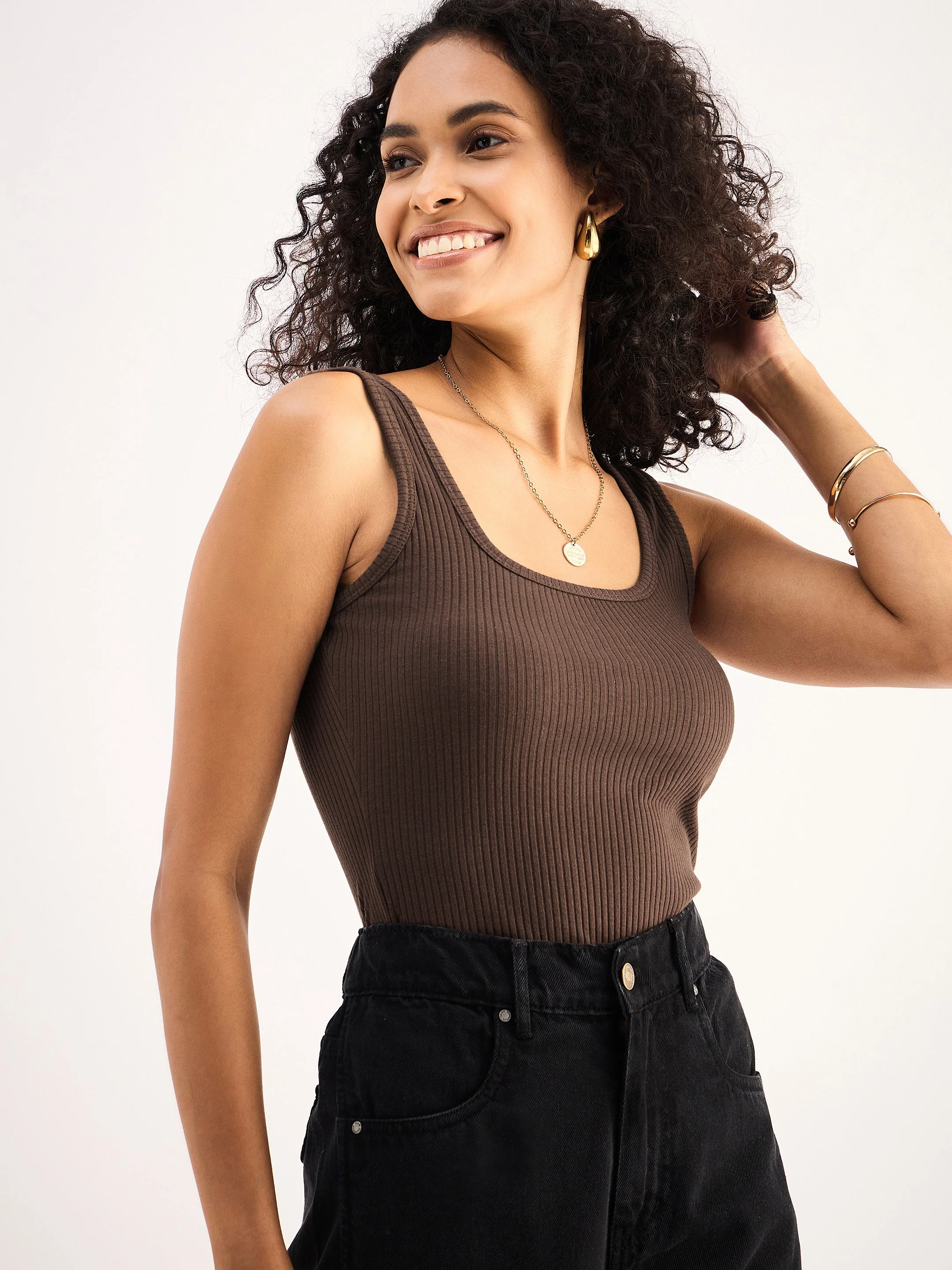 Women Brown Rib Sleveeless  Square Neck Top - Image 3