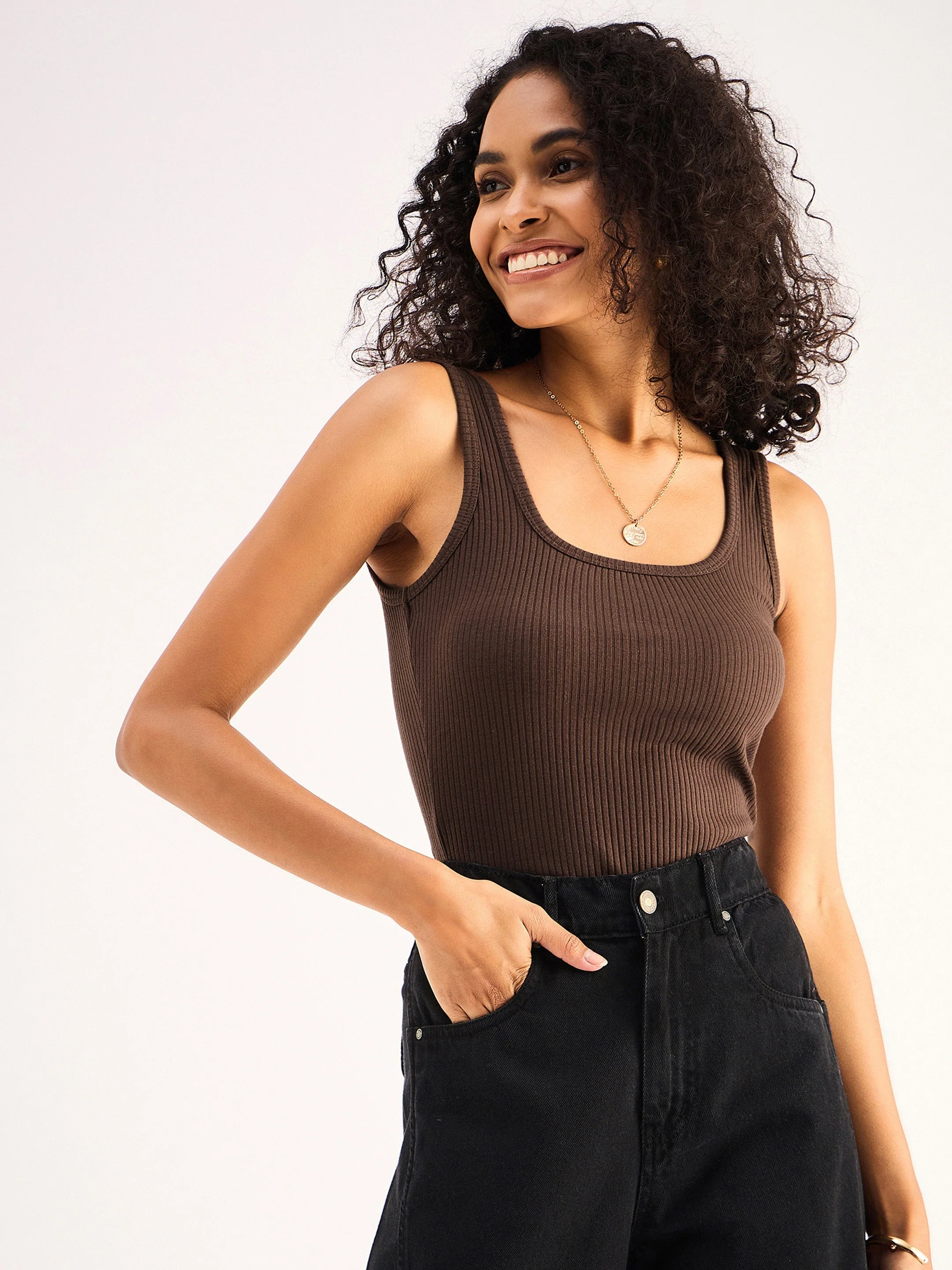 Women Brown Rib Sleveeless  Square Neck Top - Image 4