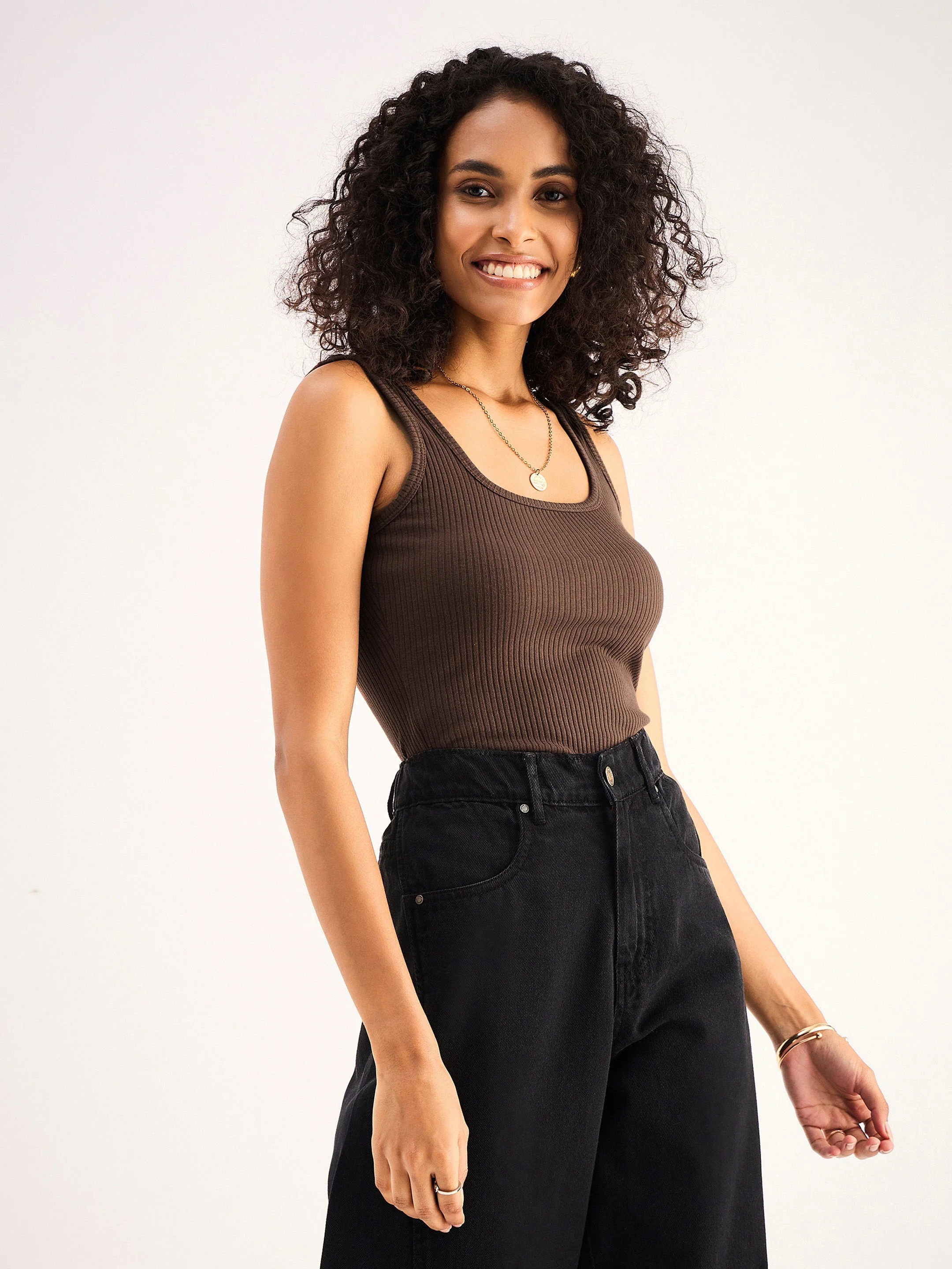Women Brown Rib Sleveeless  Square Neck Top - Image 5