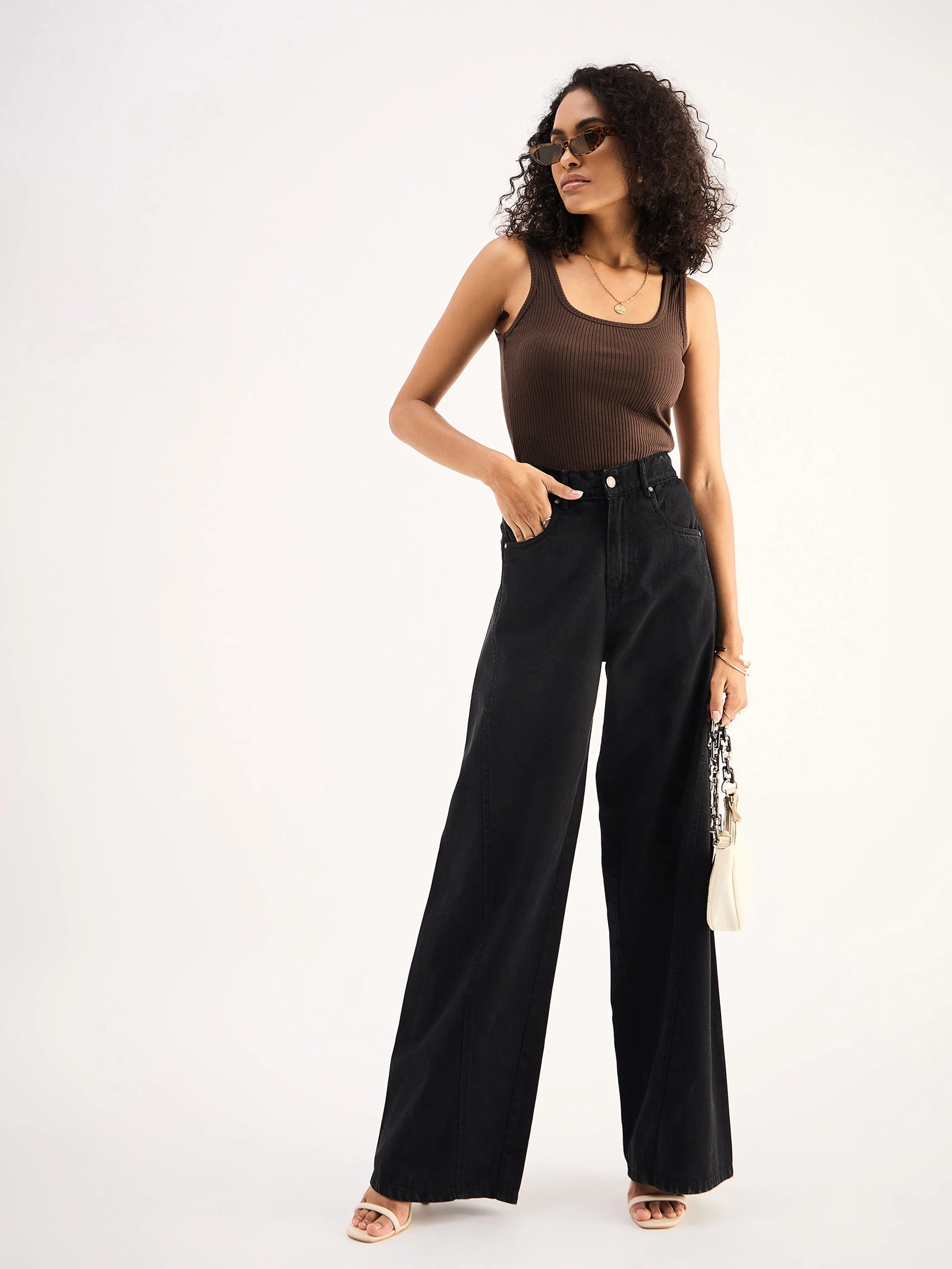 Women Brown Rib Sleveeless  Square Neck Top - Image 6