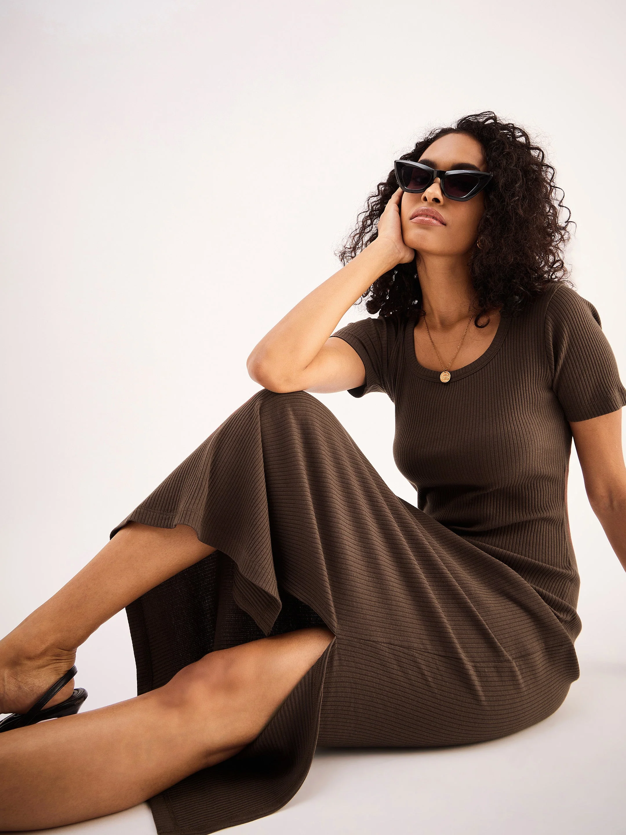 Women Brown Rib Square Neck Slit Midi Dress - Image 4