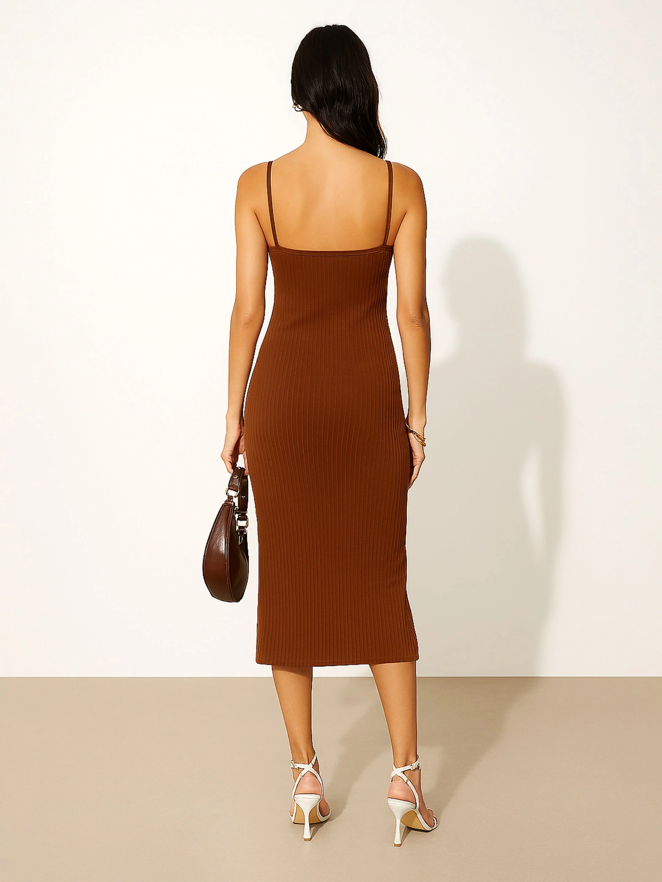 Women Brown Rib Strappy Slip-on Dress - Image 4