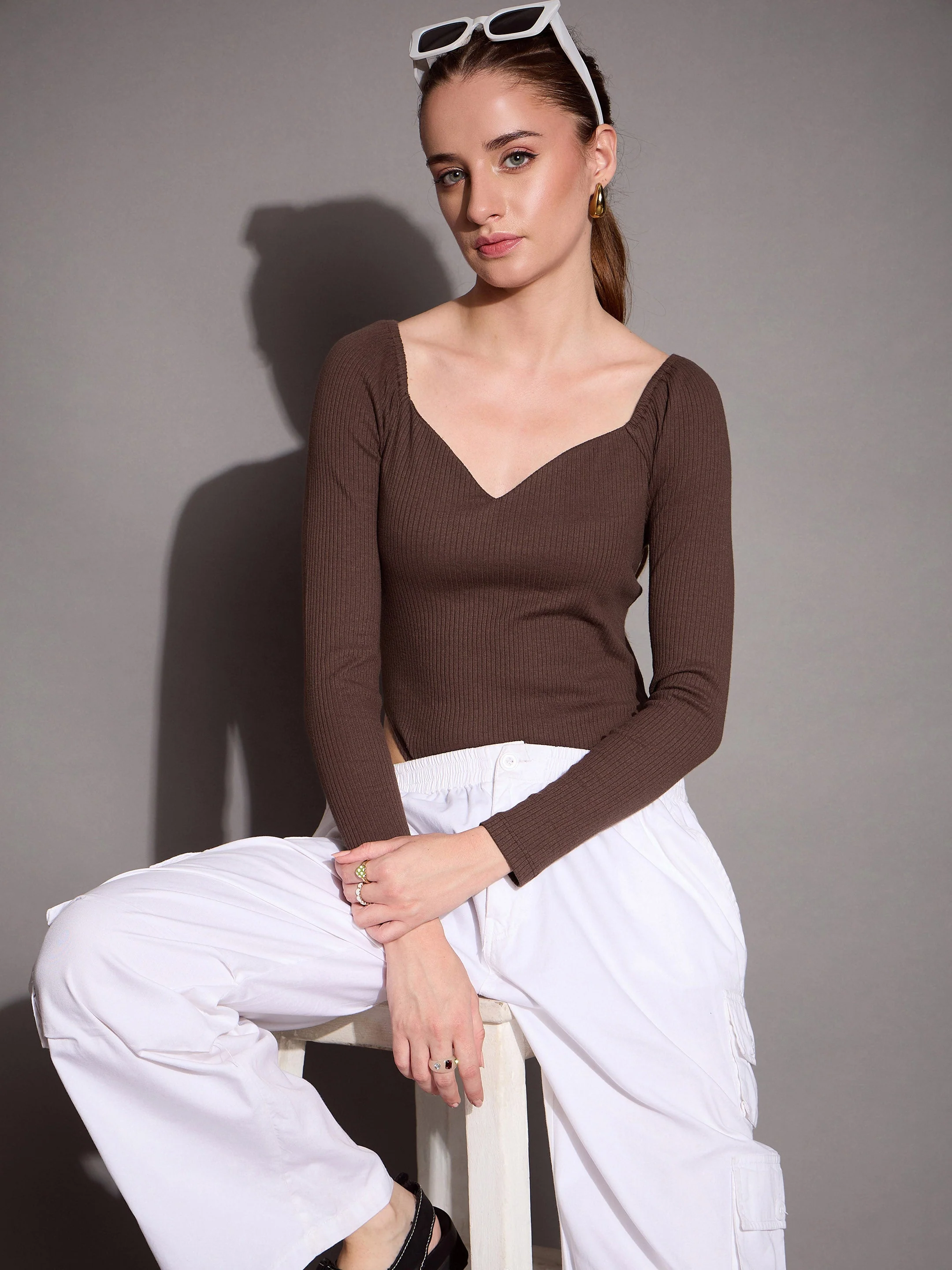 Women Brown Rib Sweetheart Neck Bodysuit - Image 2