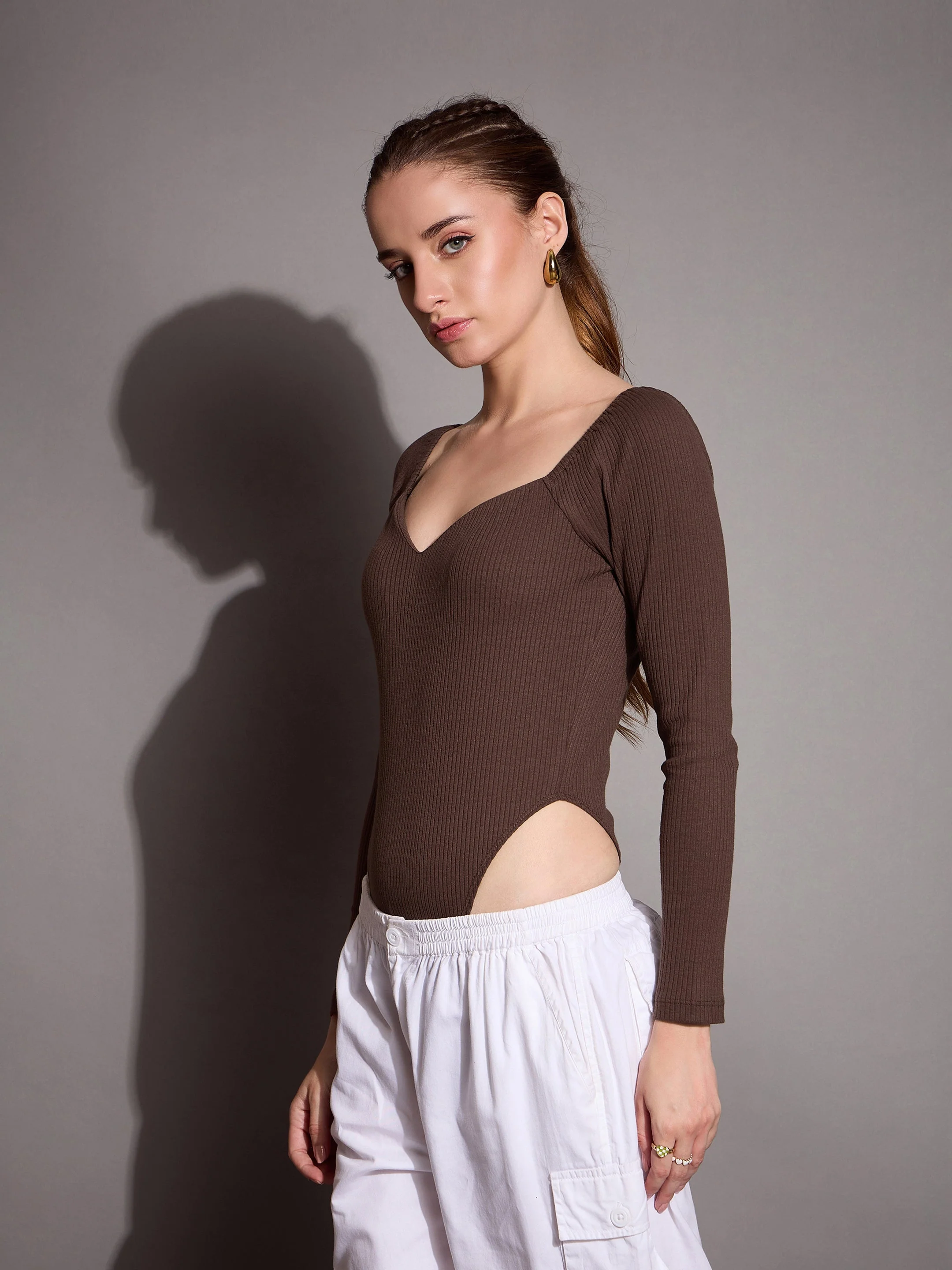 Women Brown Rib Sweetheart Neck Bodysuit - Image 3