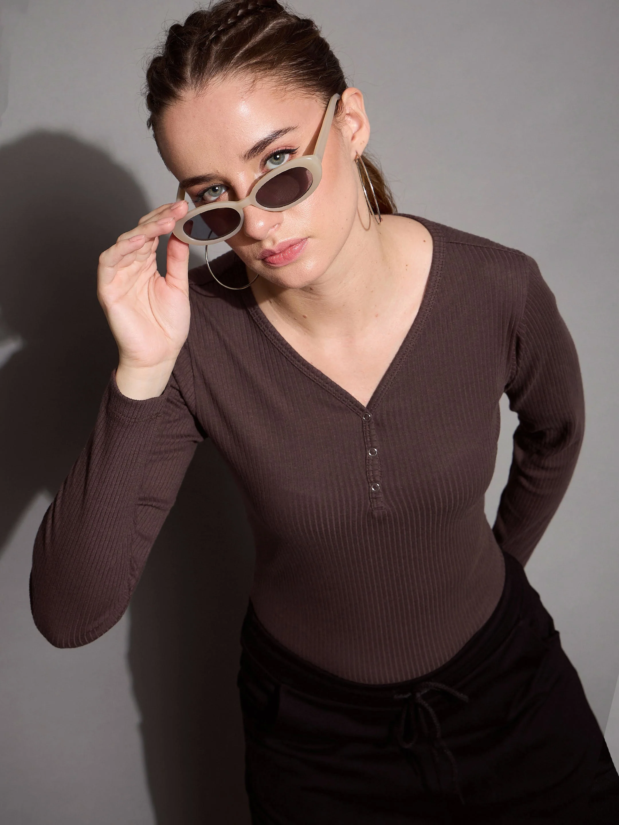 Women Brown Rib V-Neck Full Sleeves Top - Image 2