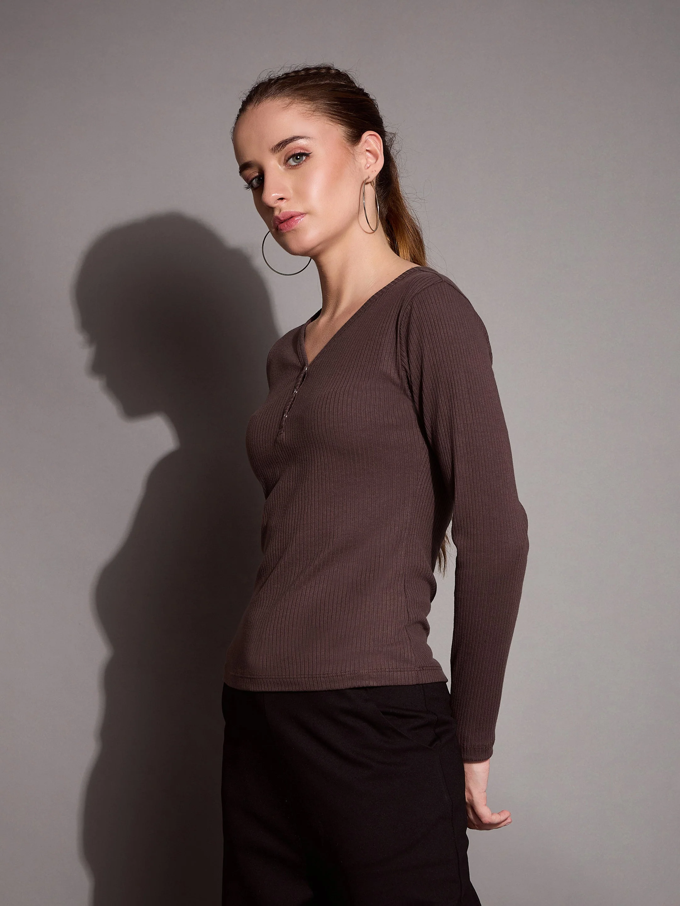 Women Brown Rib V-Neck Full Sleeves Top - Image 3