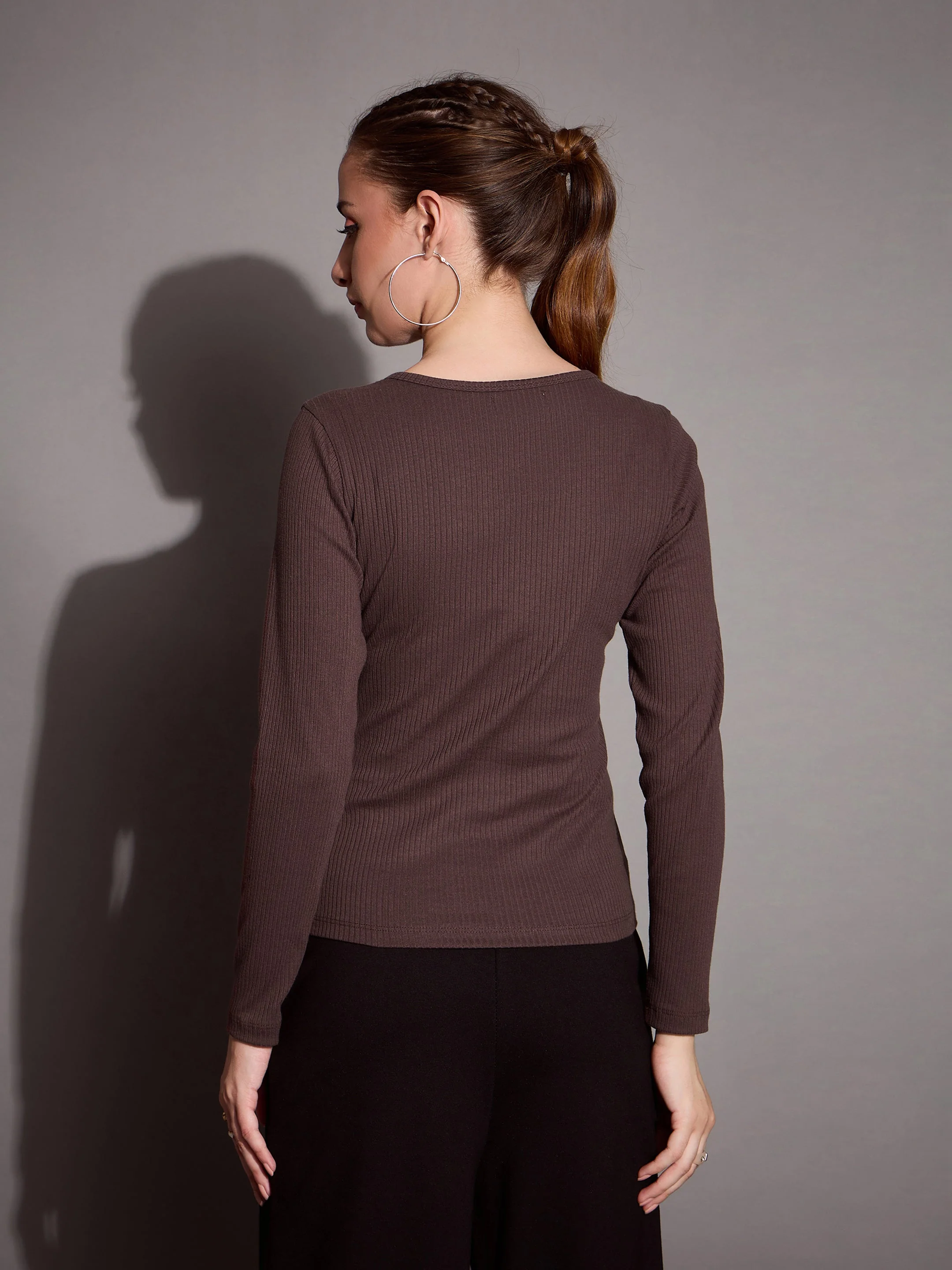 Women Brown Rib V-Neck Full Sleeves Top - Image 5