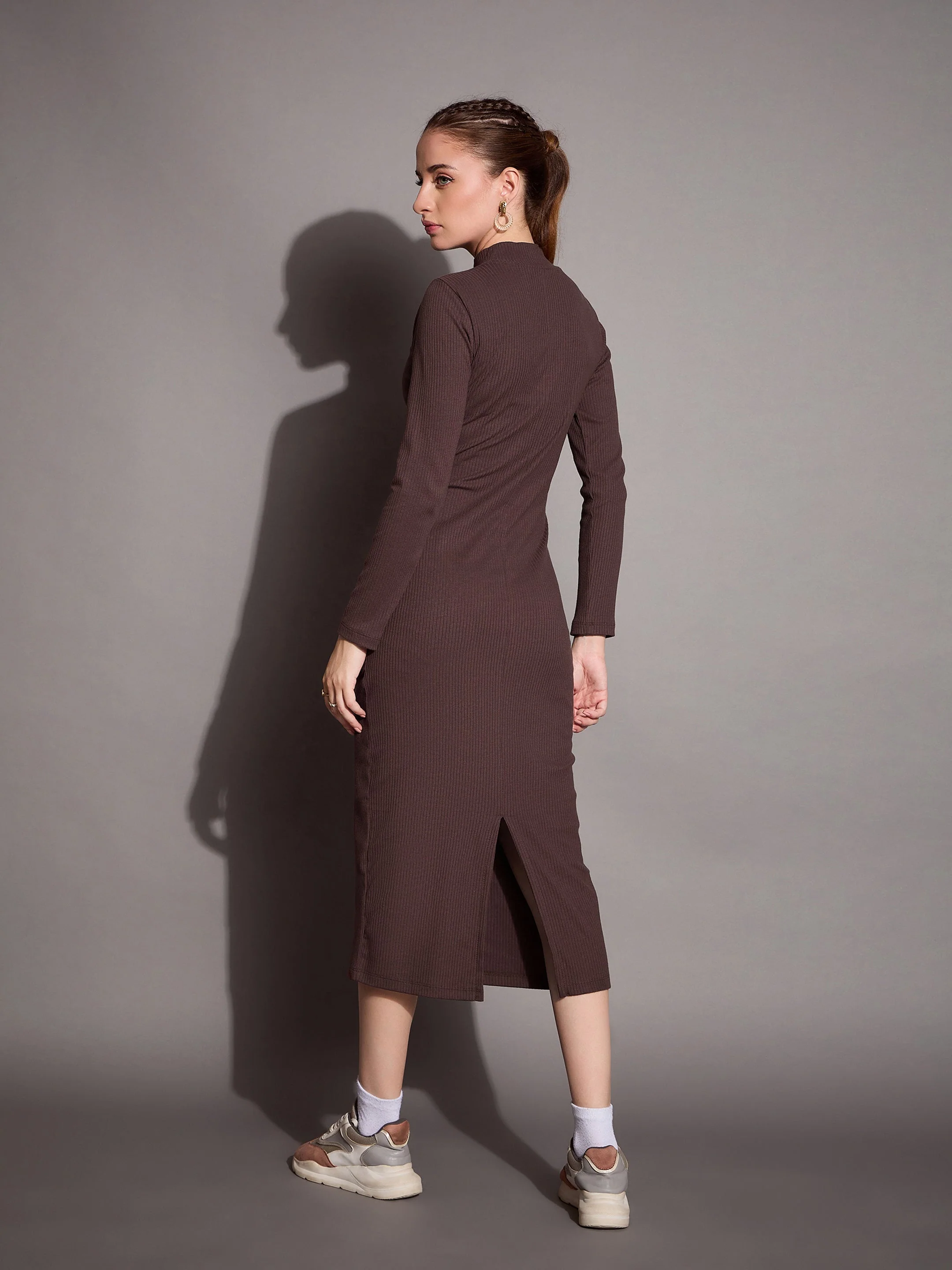 Women Brown Ribbed Back Slit Full Sleeves Bodycon Dress - Image 5