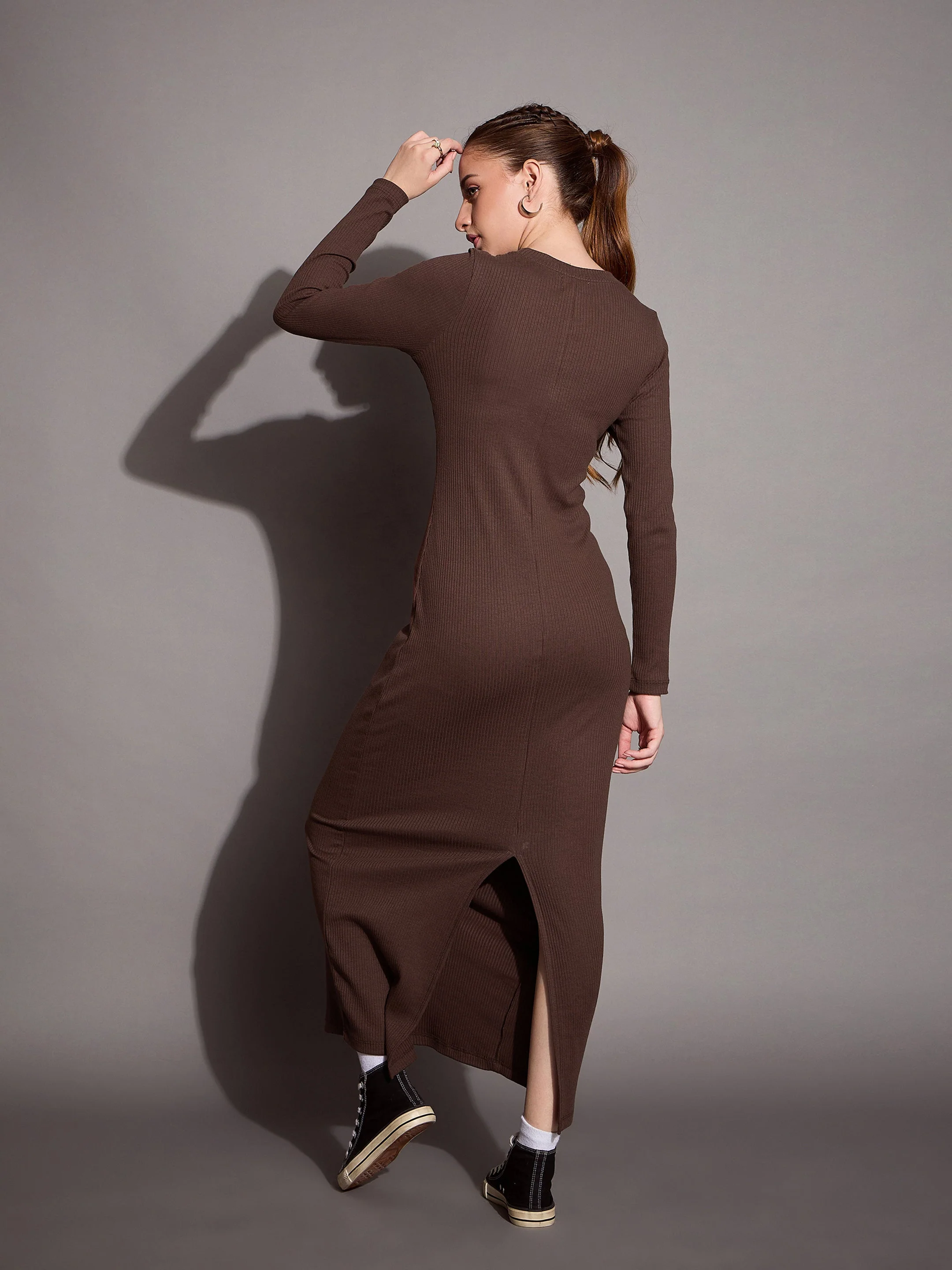 Women Brown Ribbed Bodycon Maxi Dress - Image 5