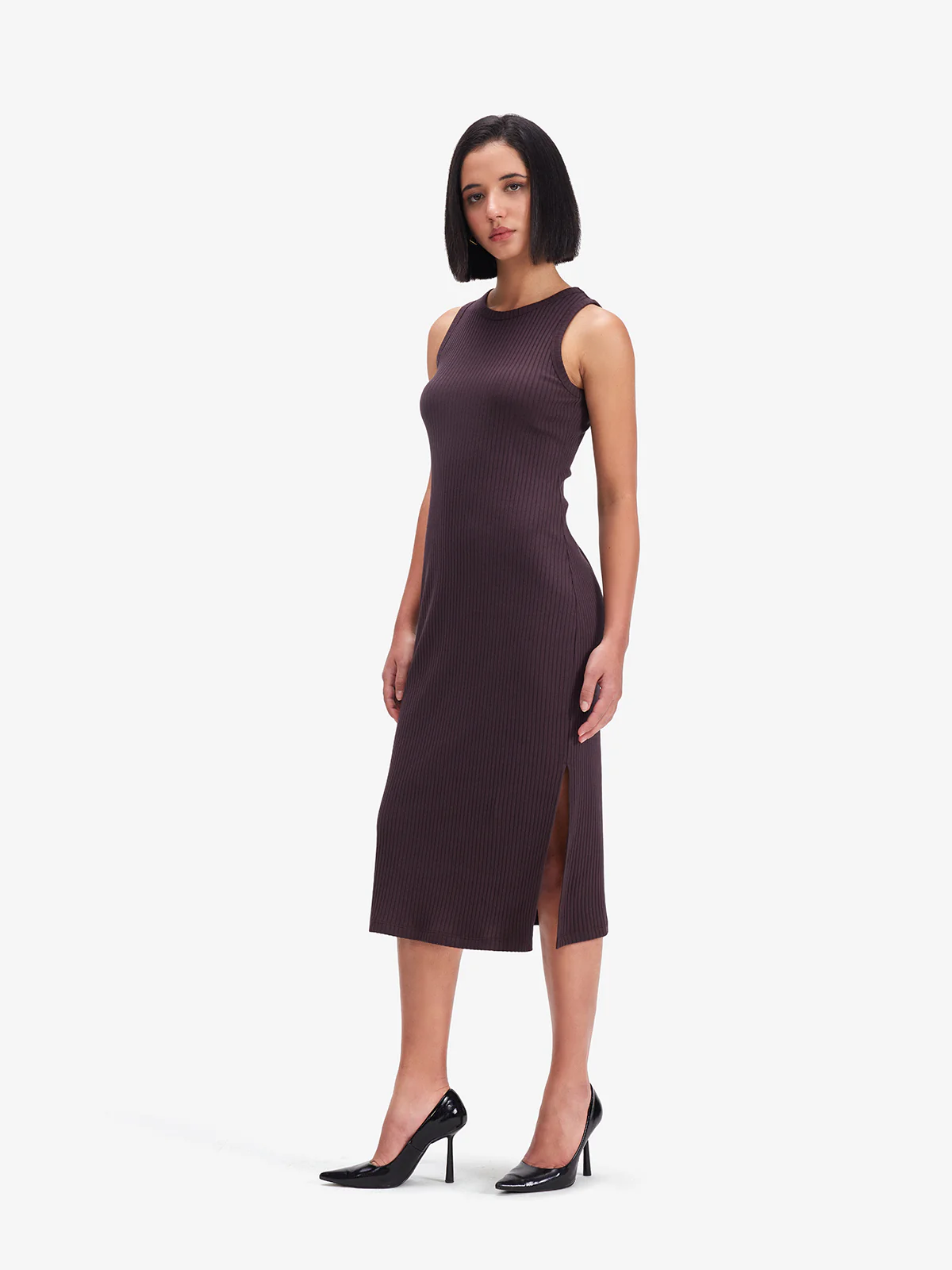 Women Brown Ribbed Side Slit Midi Dress - Image 2