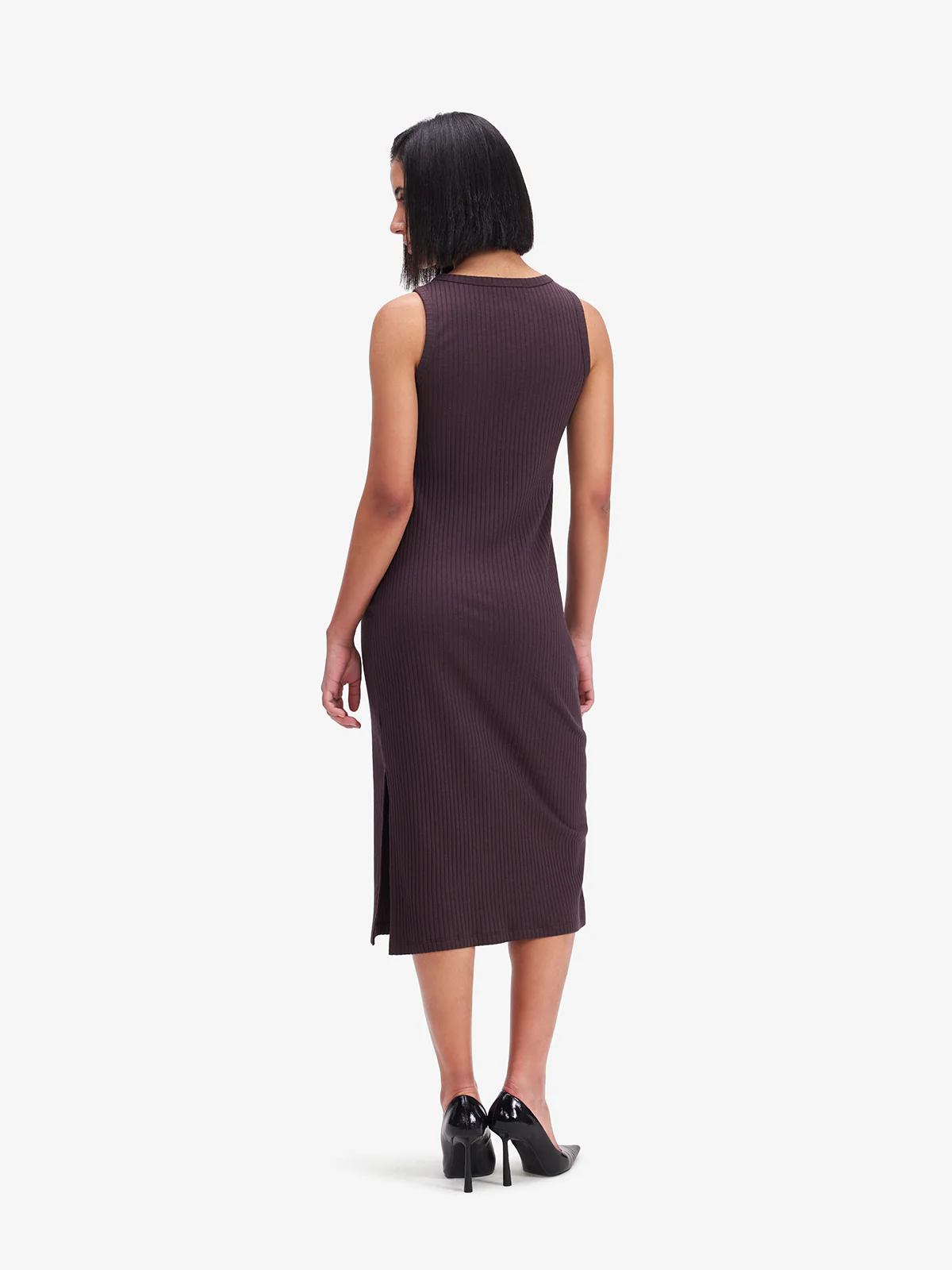 Women Brown Ribbed Side Slit Midi Dress - Image 4