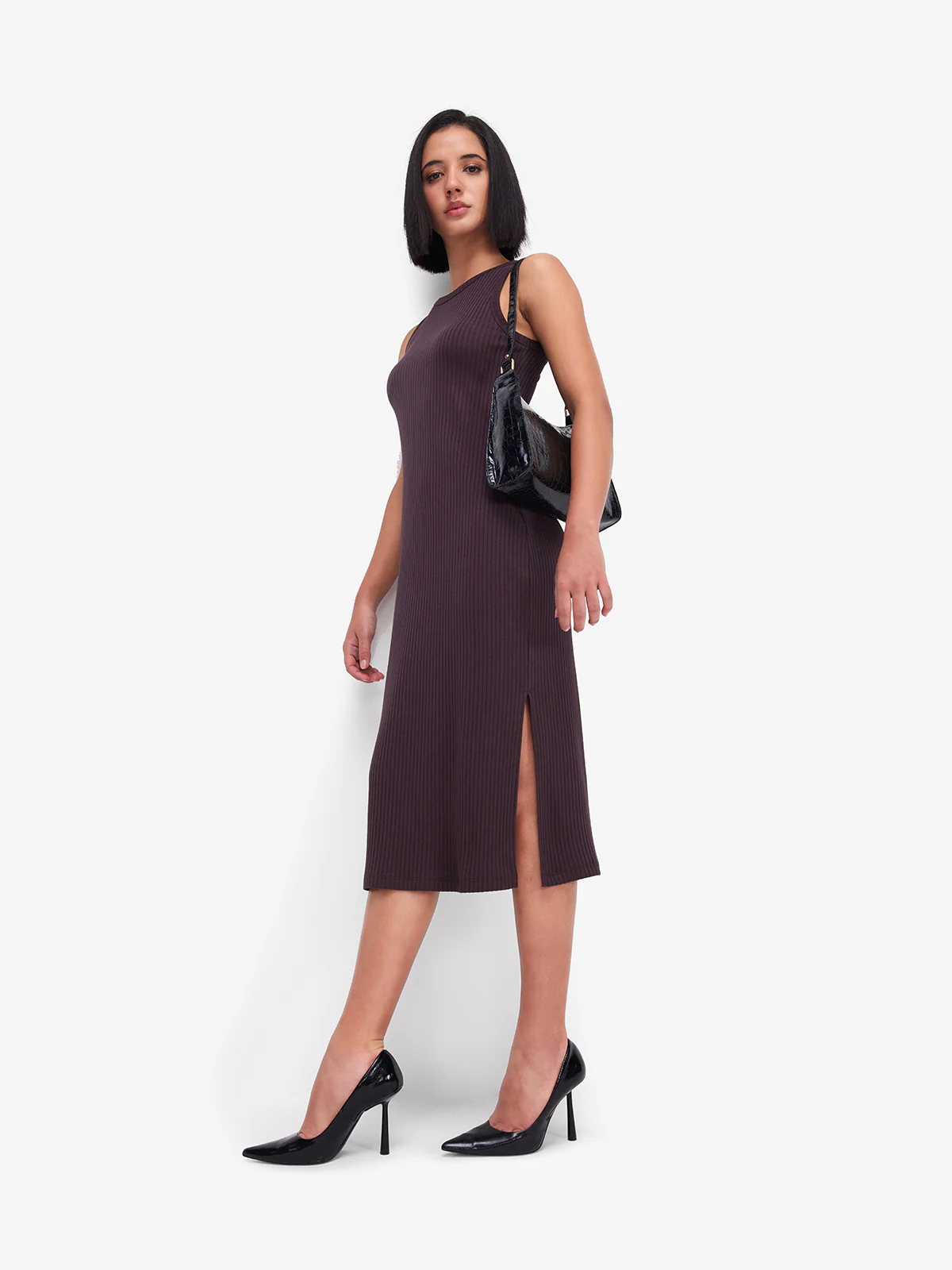 Women Brown Ribbed Side Slit Midi Dress - Image 5