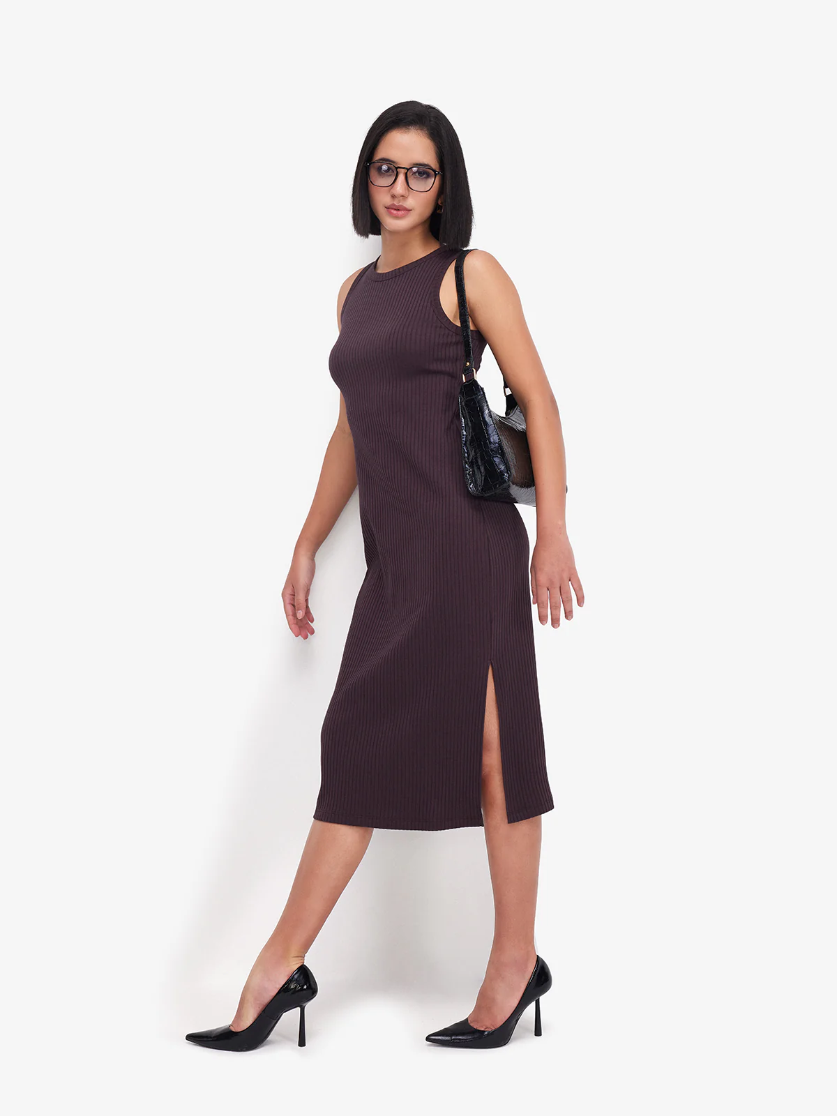 Women Brown Ribbed Side Slit Midi Dress - Image 6