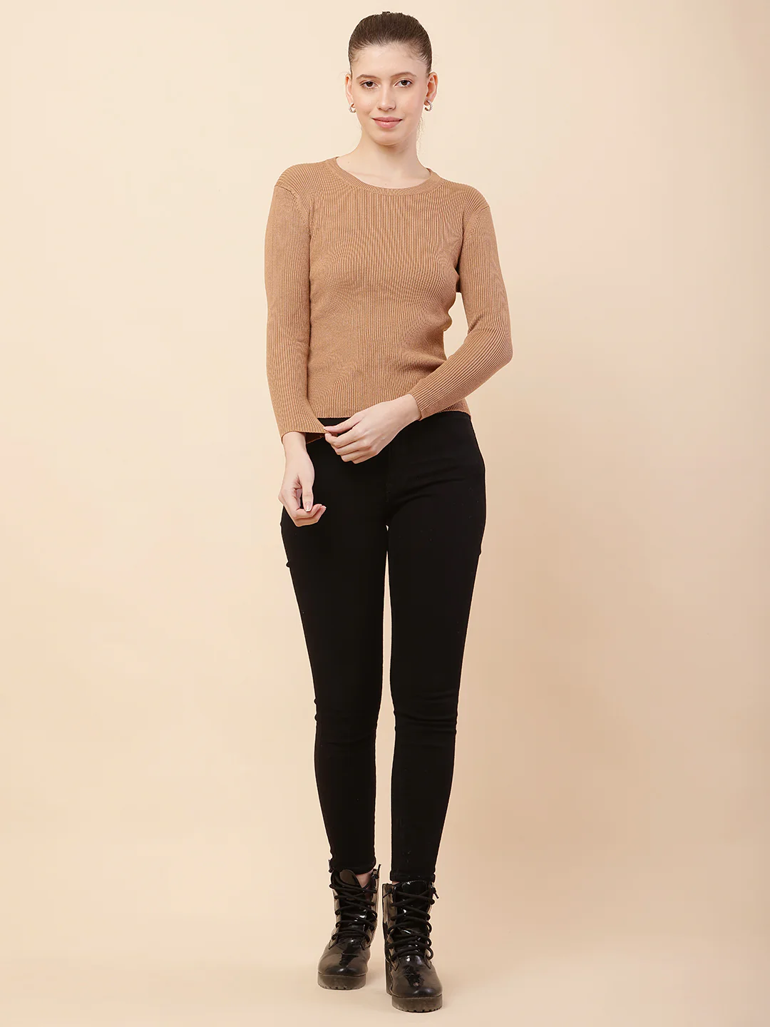 Women Brown Ribbed Sweater - Image 3