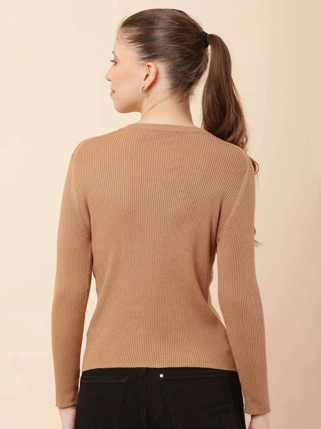 Women Brown Ribbed Sweater - Image 4