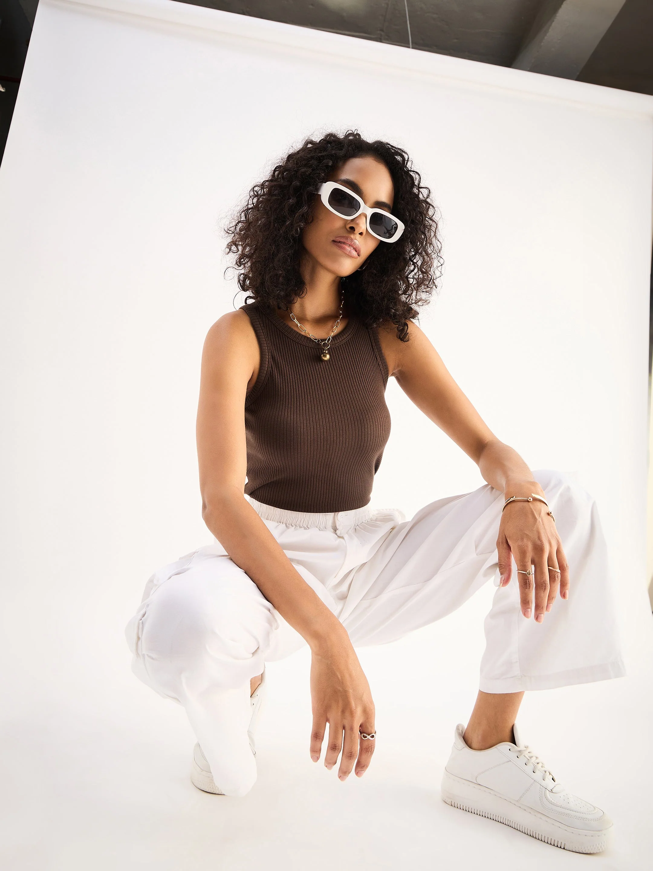 Women Brown Ribbed Vest Top - Image 2