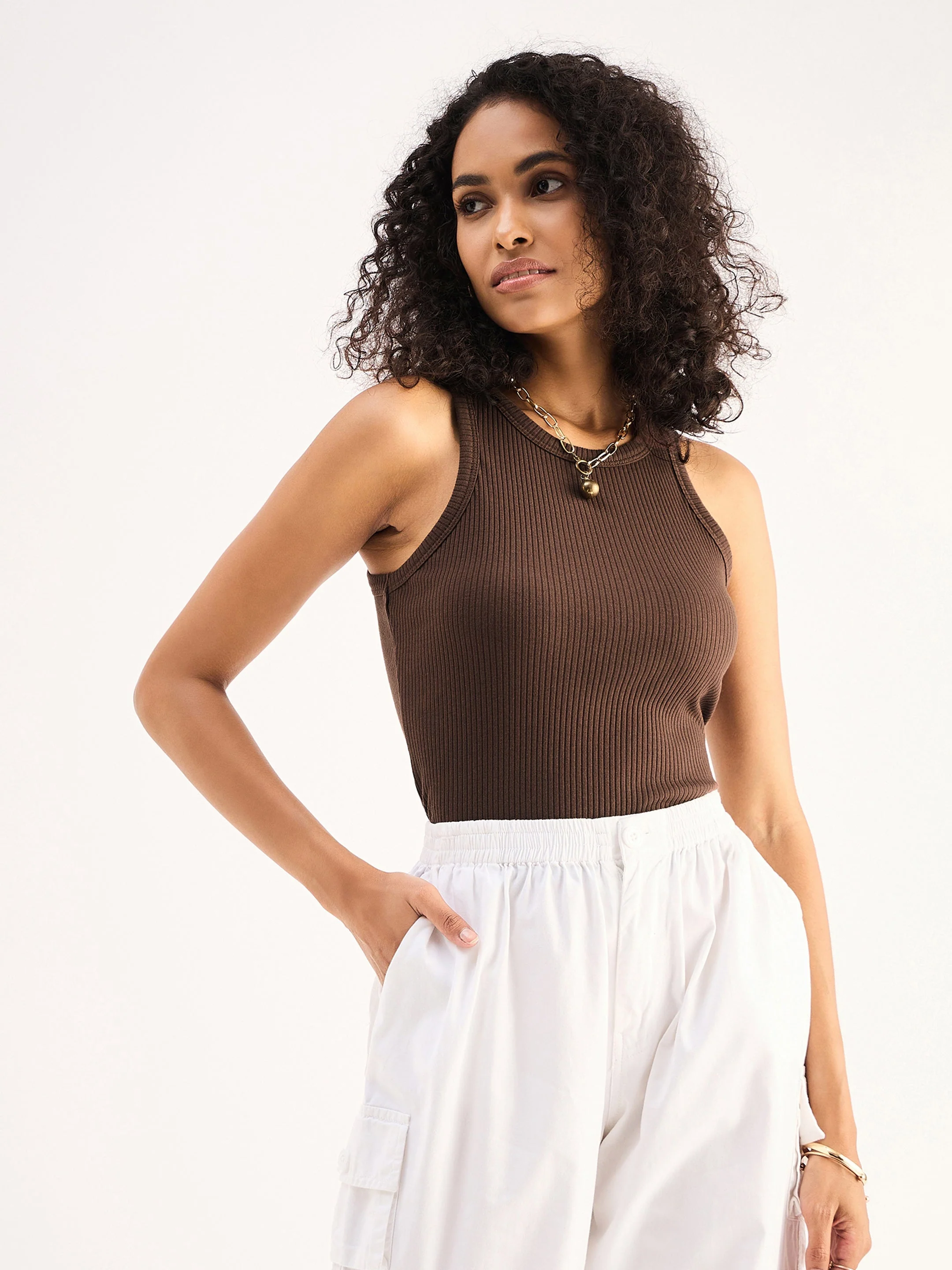 Women Brown Ribbed Vest Top - Image 4