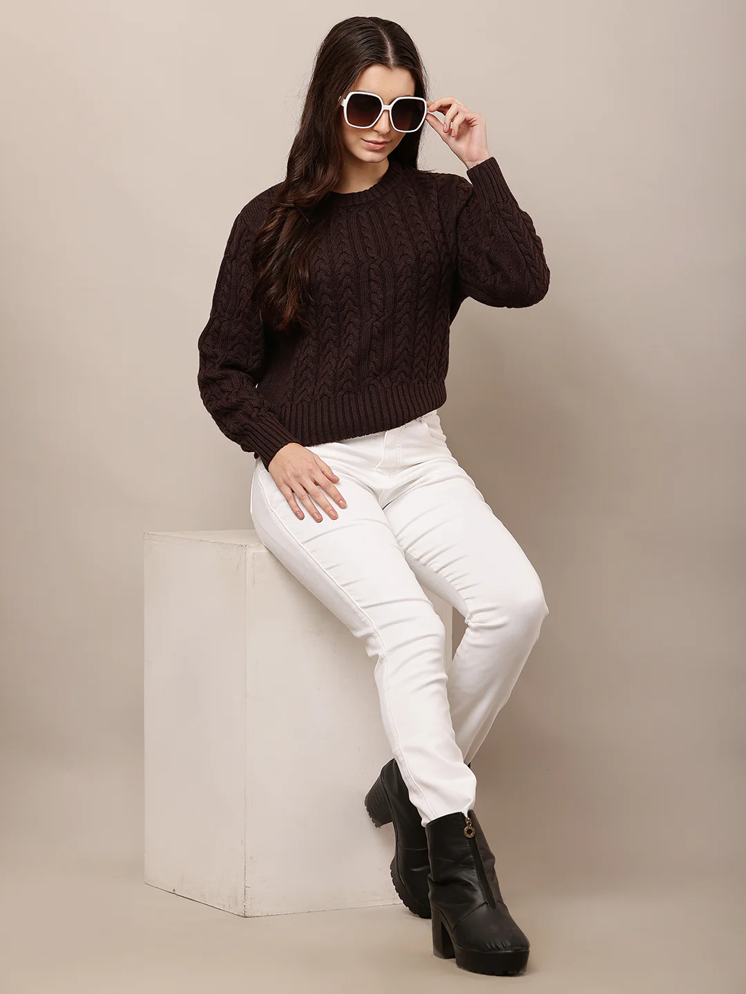 Women Brown Round Neck Full Sleeve Sweater - Image 2