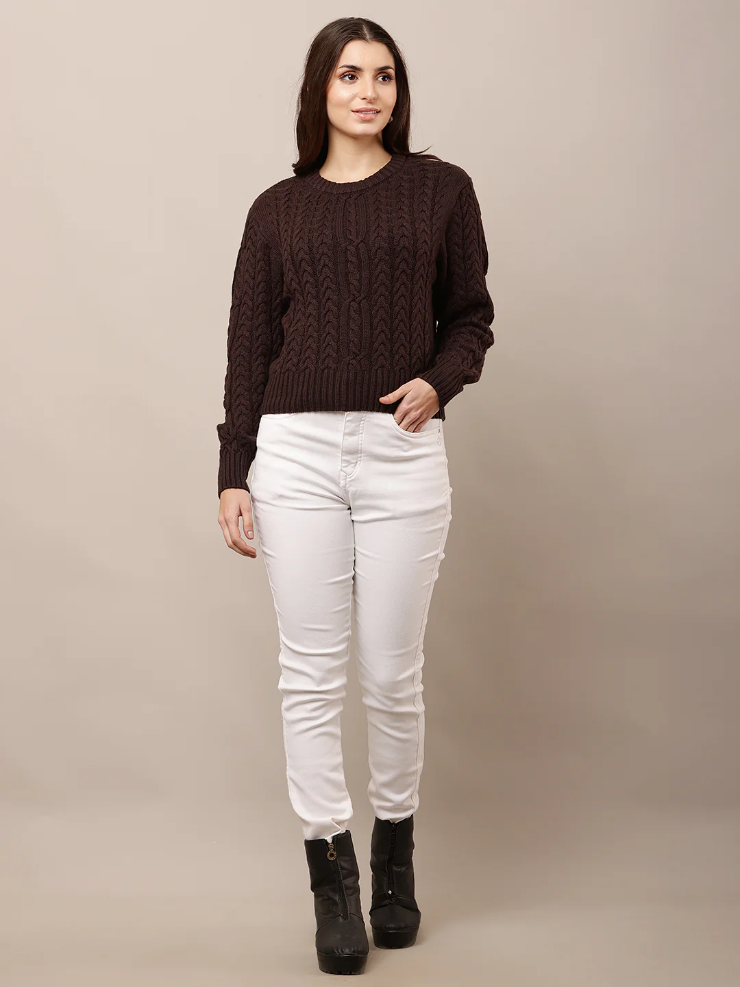 Women Brown Round Neck Full Sleeve Sweater - Image 3