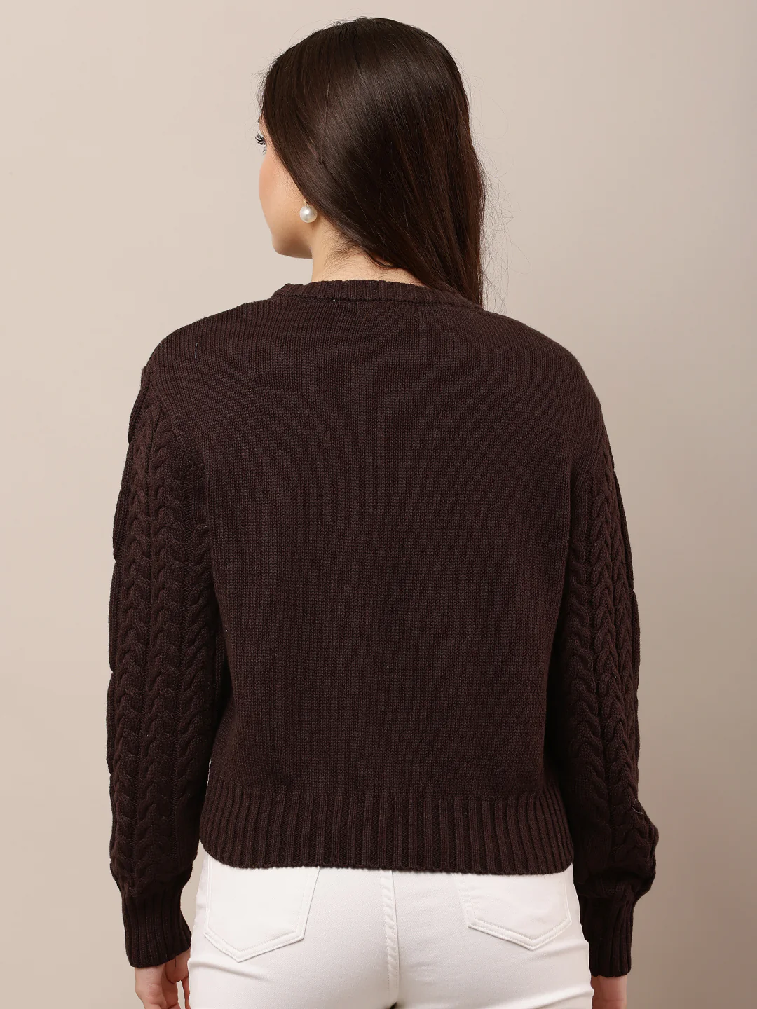 Women Brown Round Neck Full Sleeve Sweater - Image 4