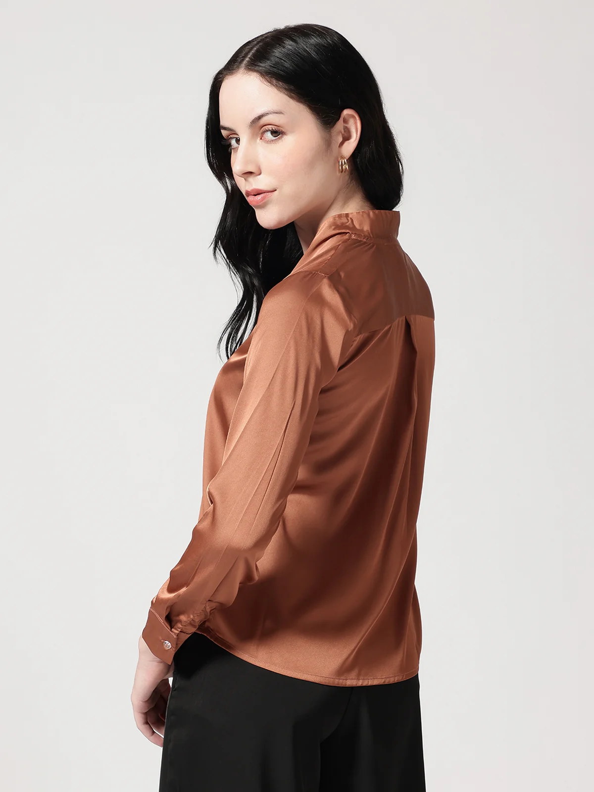 Women Brown Satin V-Neck Top - Image 2