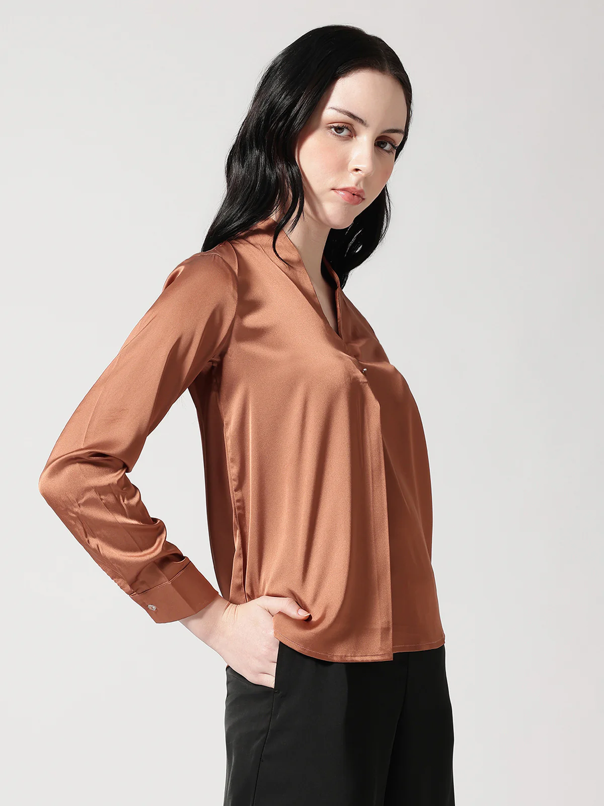 Women Brown Satin V-Neck Top - Image 3