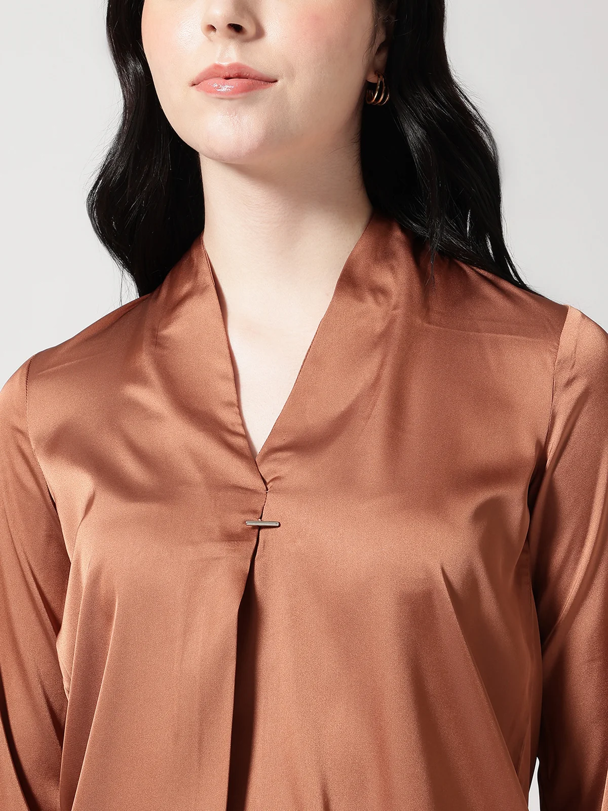 Women Brown Satin V-Neck Top - Image 4