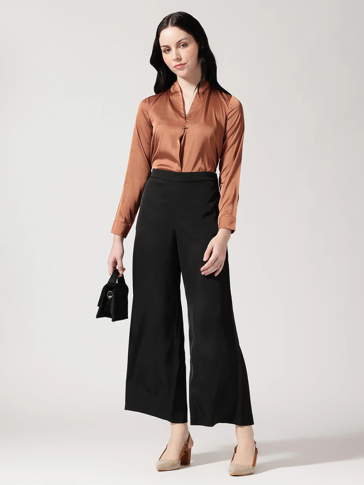 Women Brown Satin V-Neck Top - Image 5